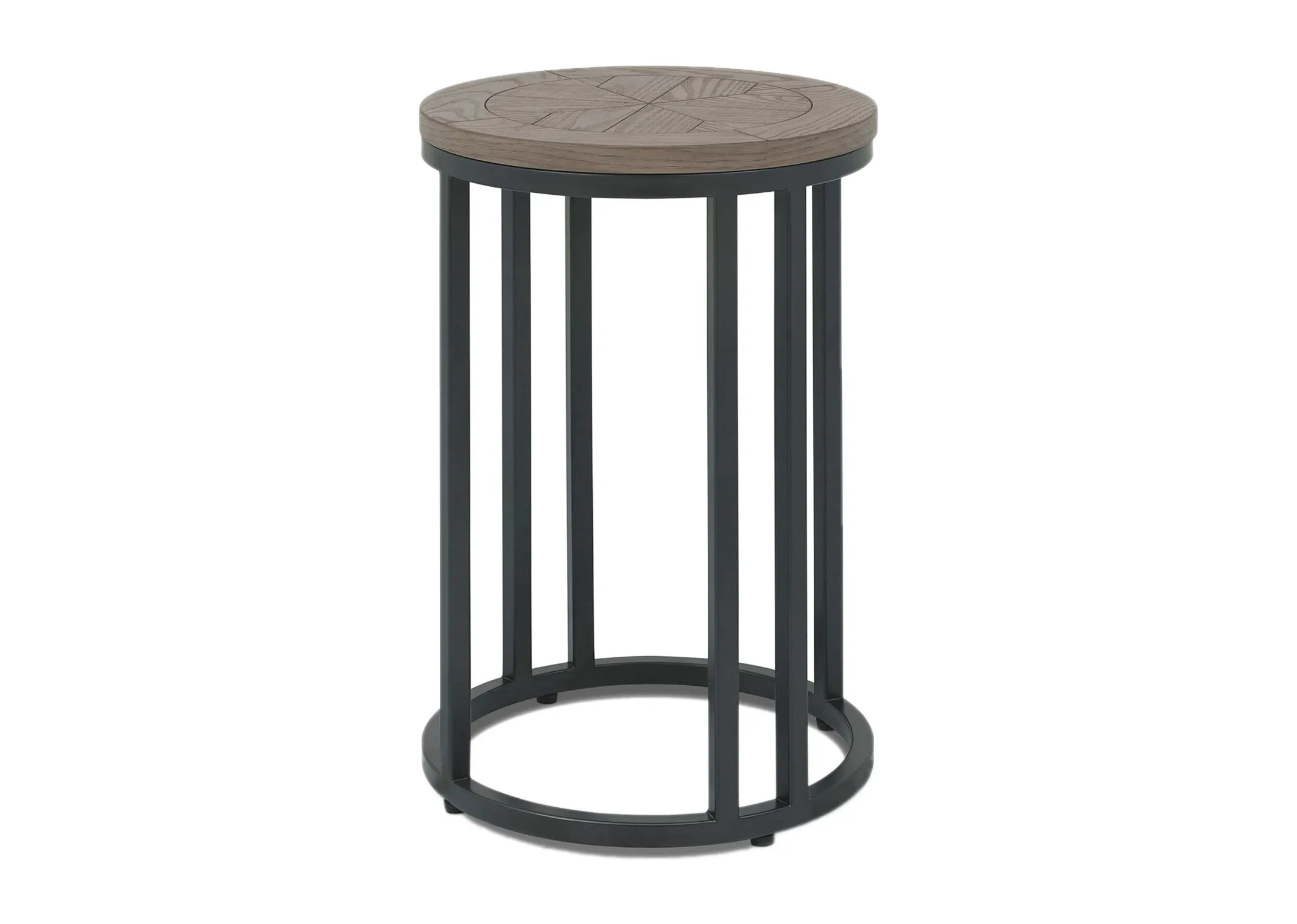 A grey round side table with ash wood top from EZ Living Furniture's Monroe range. Angled view of sturdy metal base