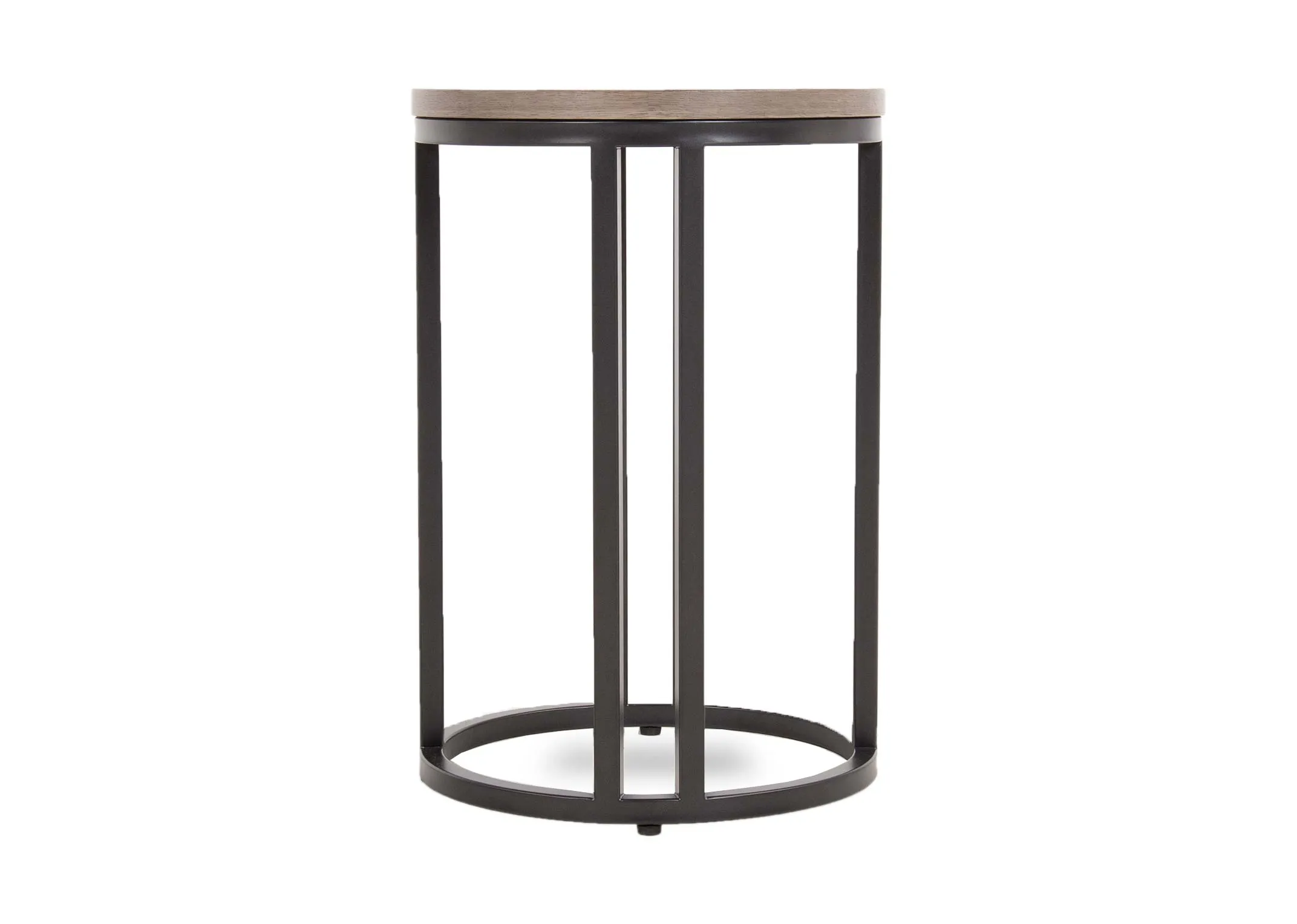 A grey round side table with ash wood top from EZ Living Furniture's Monroe range. Front view of thick wood top