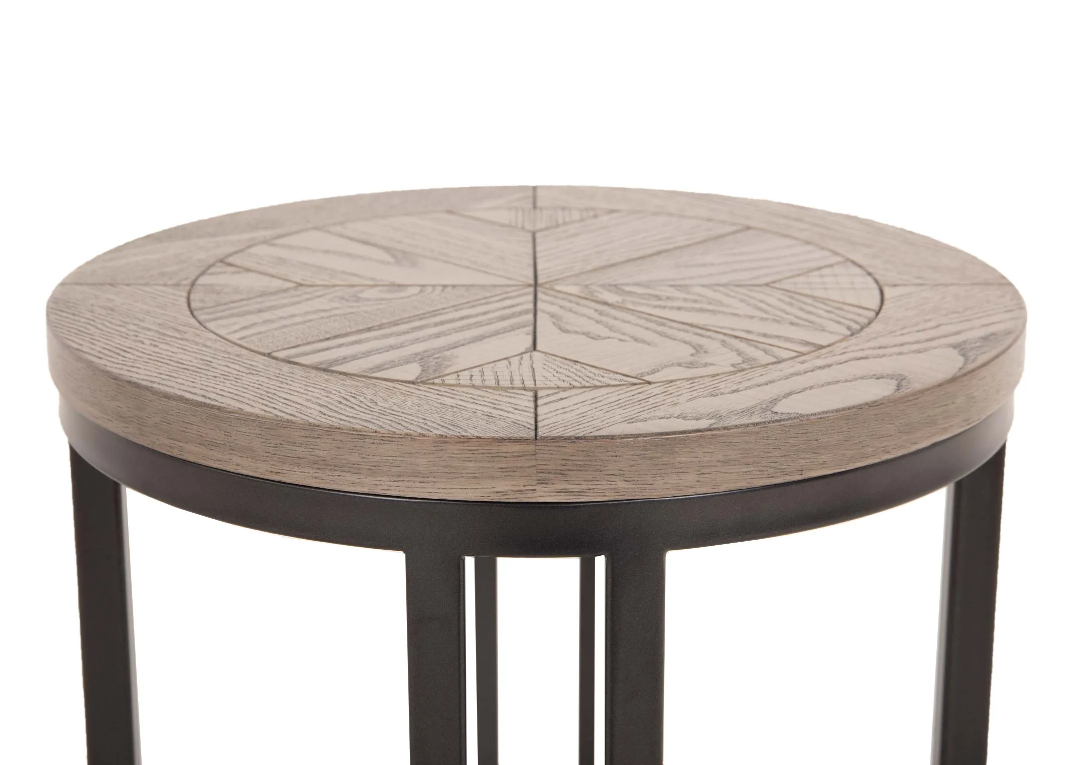 A grey round side table with ash wood top from EZ Living Furniture's Monroe range. Closeup of ash chevron texture