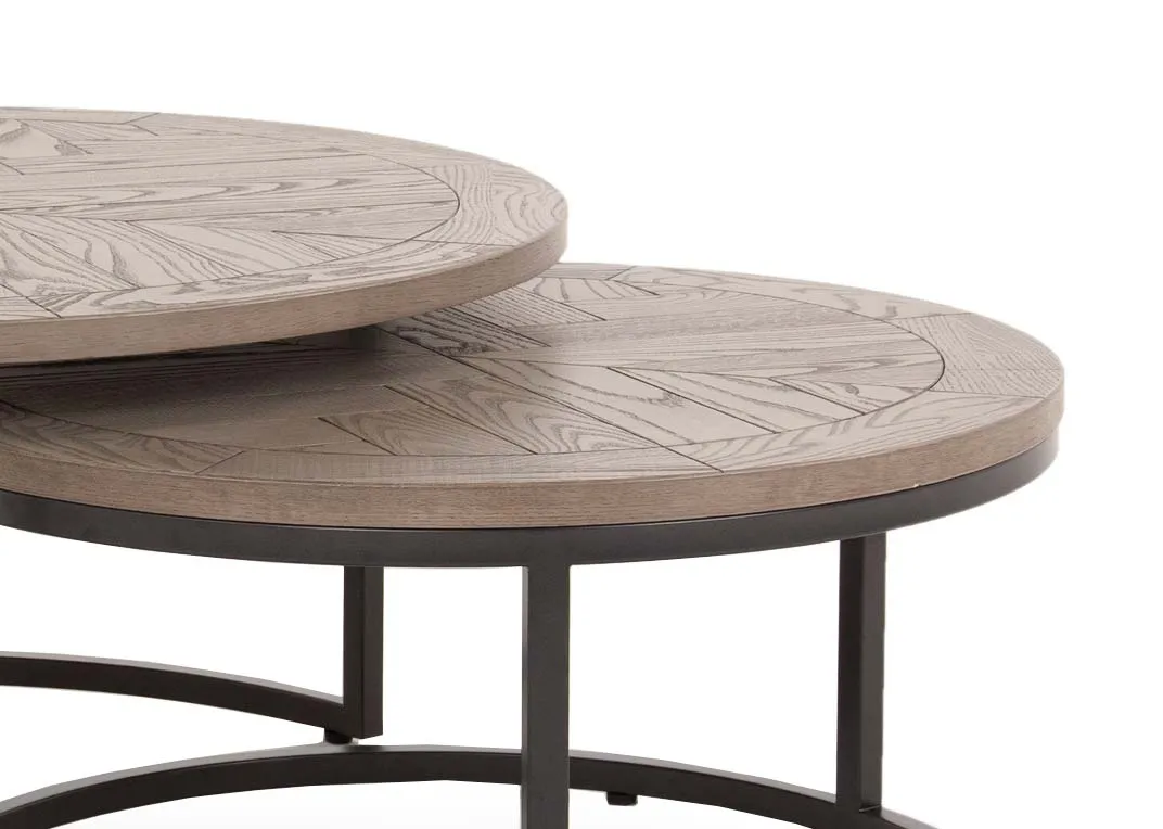 A grey round nest of 2 tables with ash wood top from EZ Living Furniture's Monroe range. Closeup pf chevron