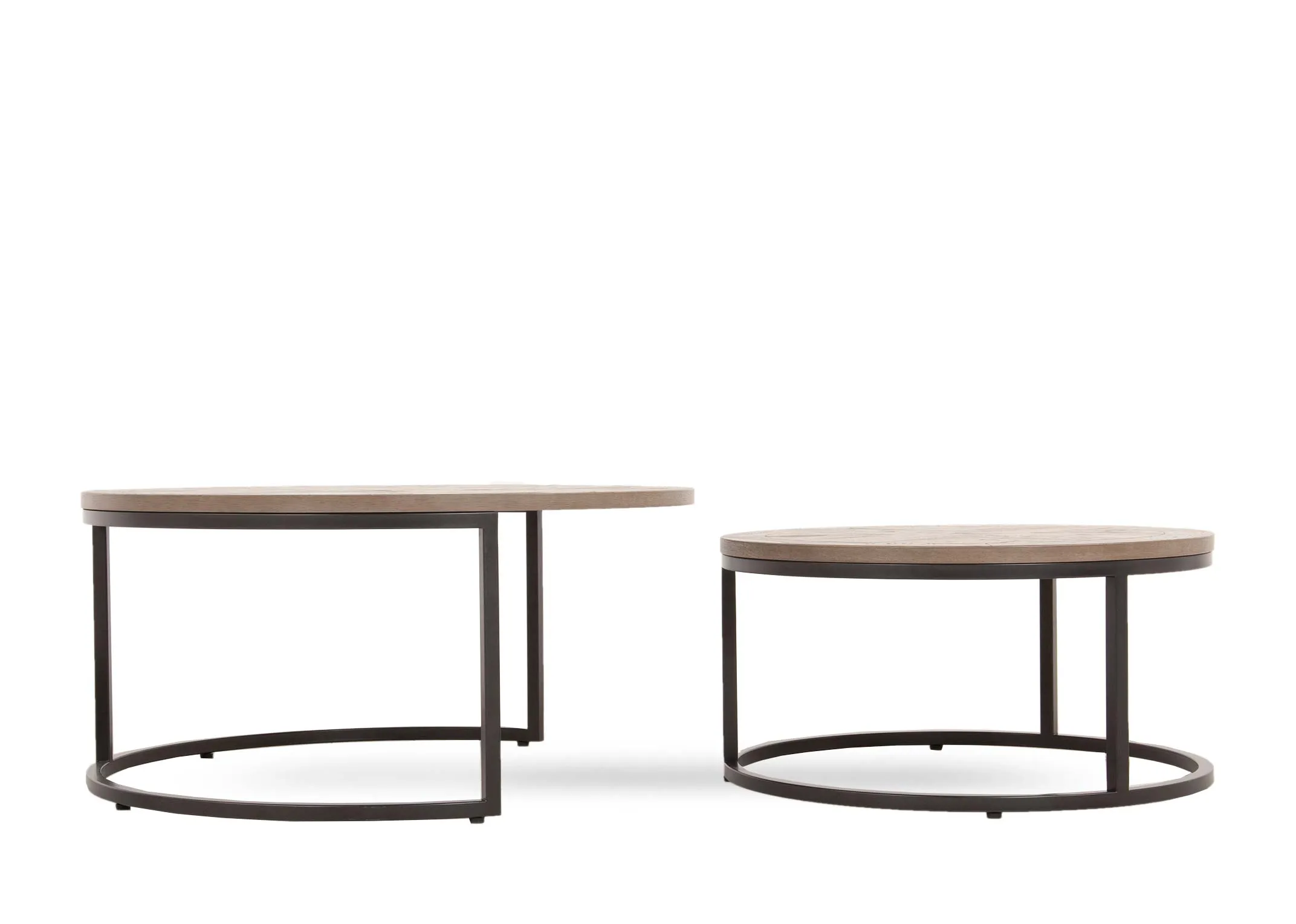 A grey round nest of 2 tables with ash wood top from EZ Living Furniture's Monroe range. View of tables seperated