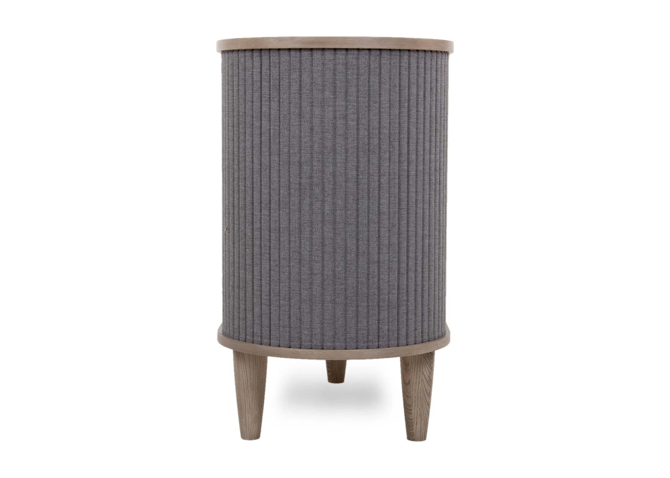 A grey ash 2 door and 3 drawer sideboard from EZ Living Furniture's Monroe range. Side view of pleated tambour