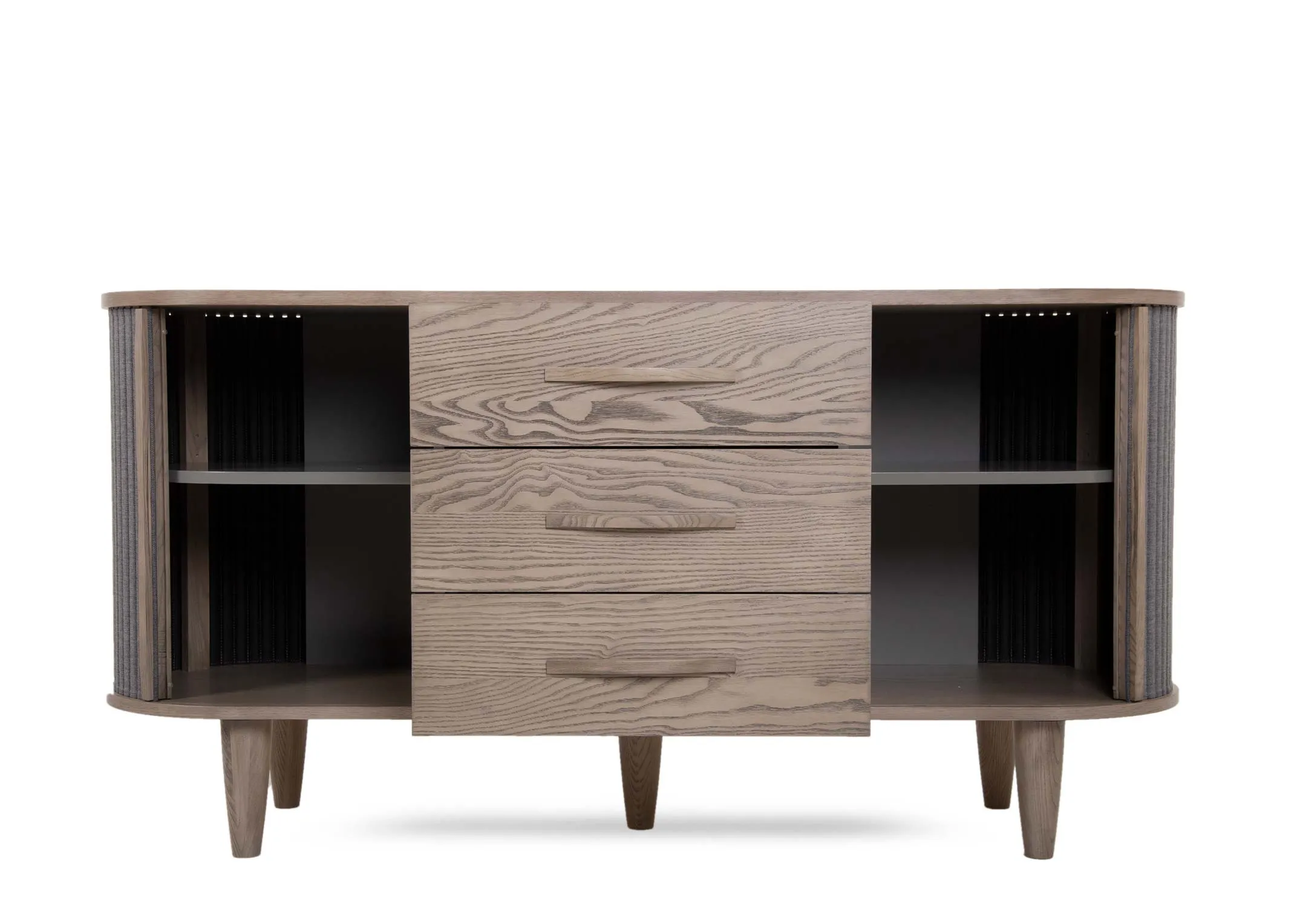 A grey ash 2 door and 3 drawer sideboard from EZ Living Furniture's Monroe range. Front viiew of all 4 doors open