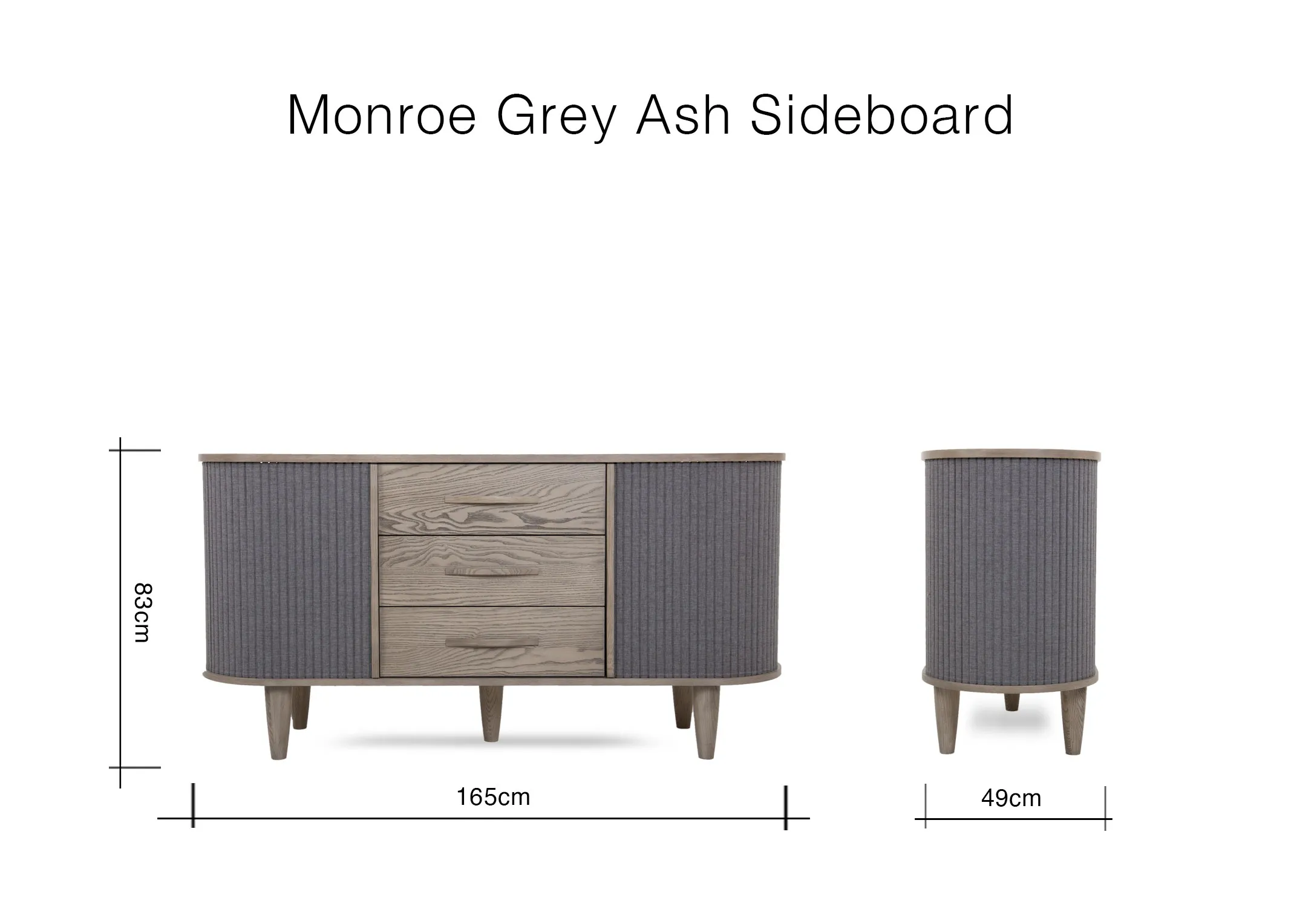 A dimension image of the Monroe Sideboard with 165cm (Width) x 49cm (Depth) x 83cm (Height)