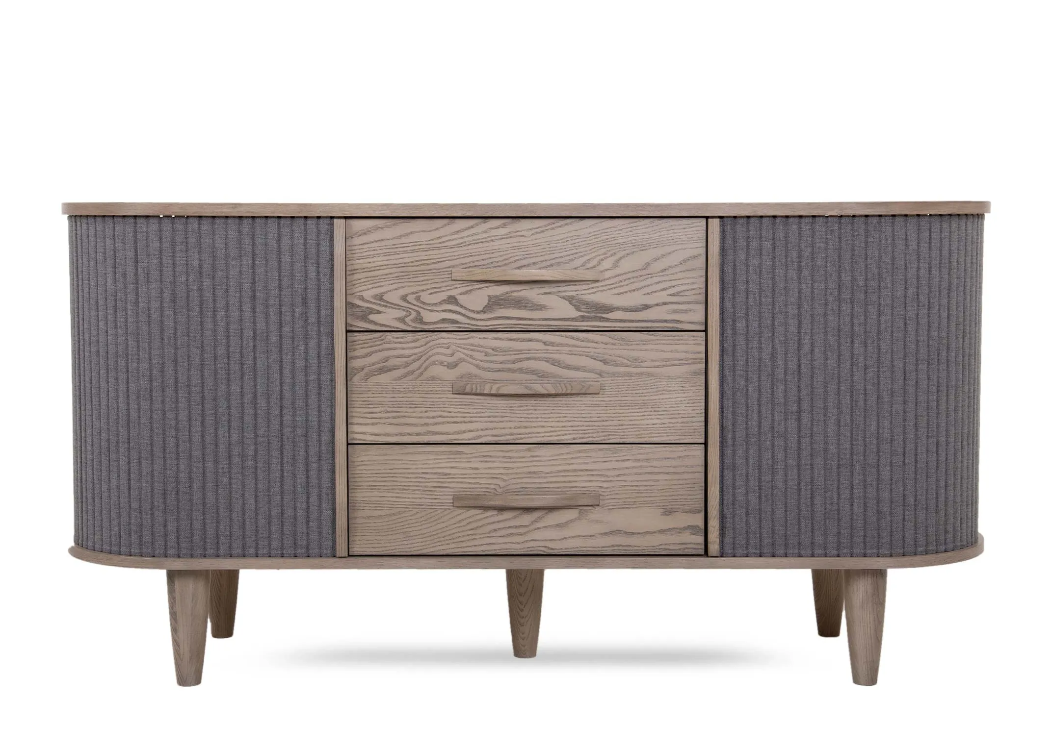 A grey ash 2 door and 3 drawer sideboard from EZ Living Furniture's Monroe range. Front vie of fabric tambour doors to side