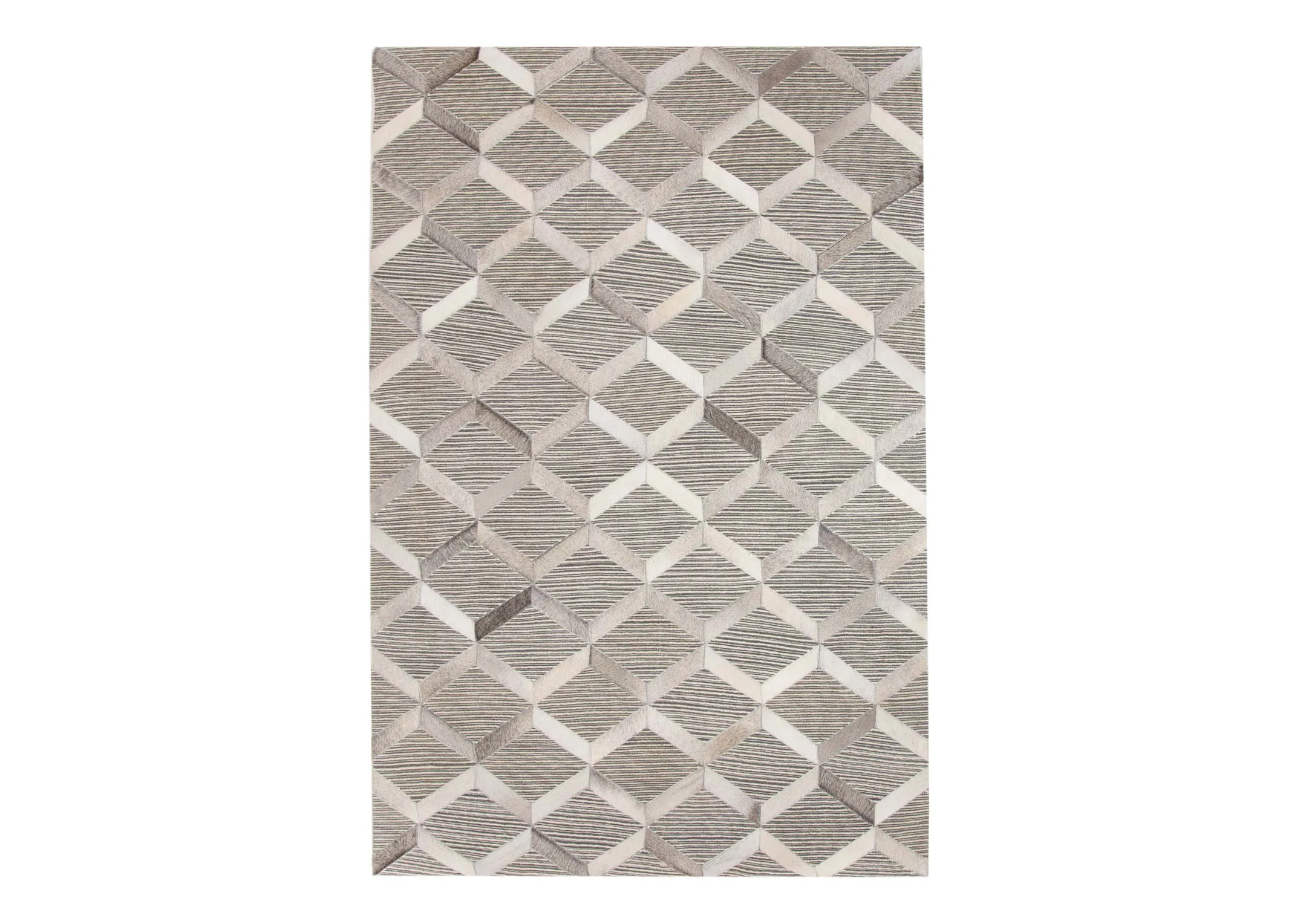 A silver & grey geometric hair on Hyde rug from EZ Living's Corbit range. Front view shows pattern.
