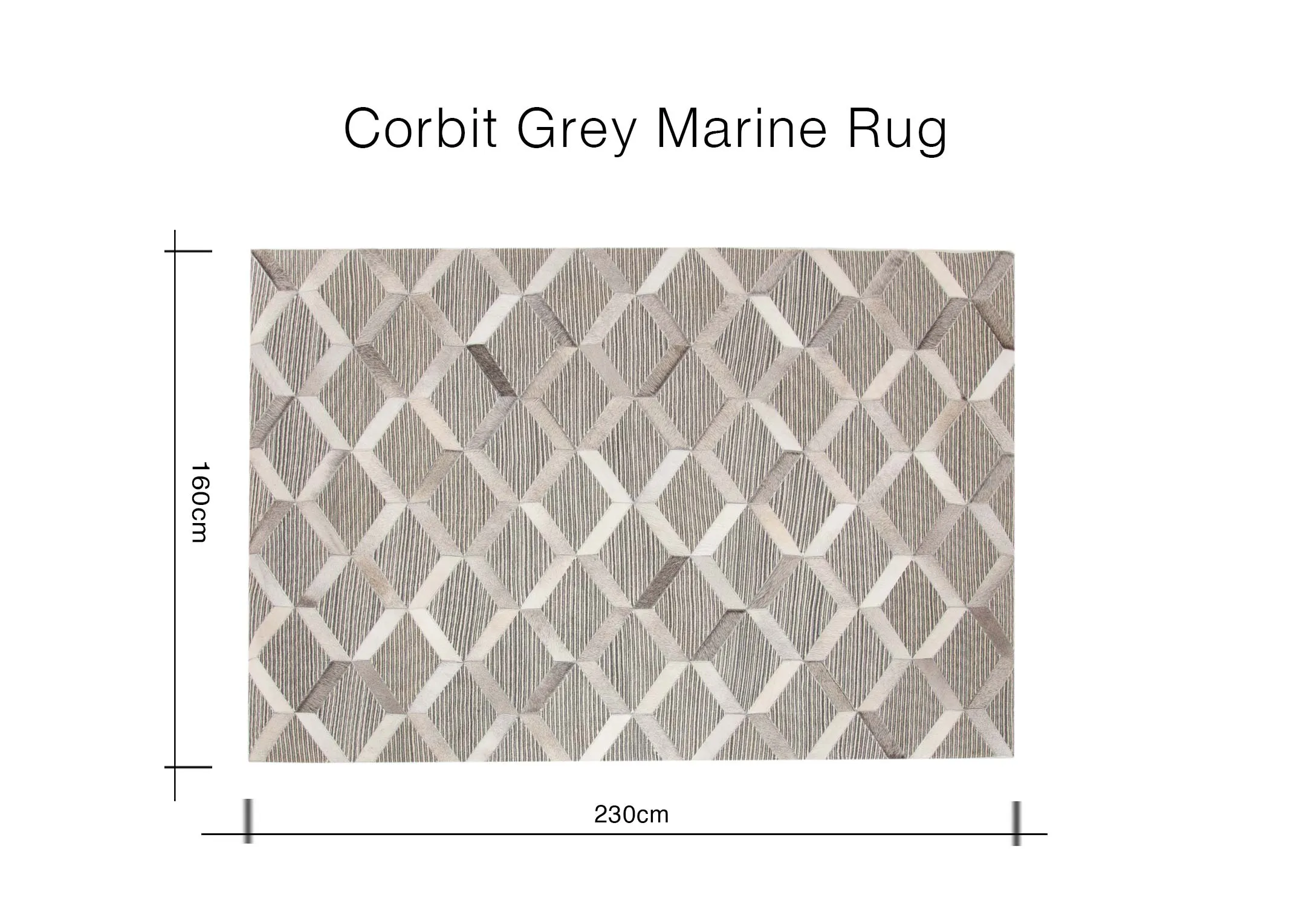 A dimension image of the Corbit Grey Marine Rug with 230cm x 160cm
