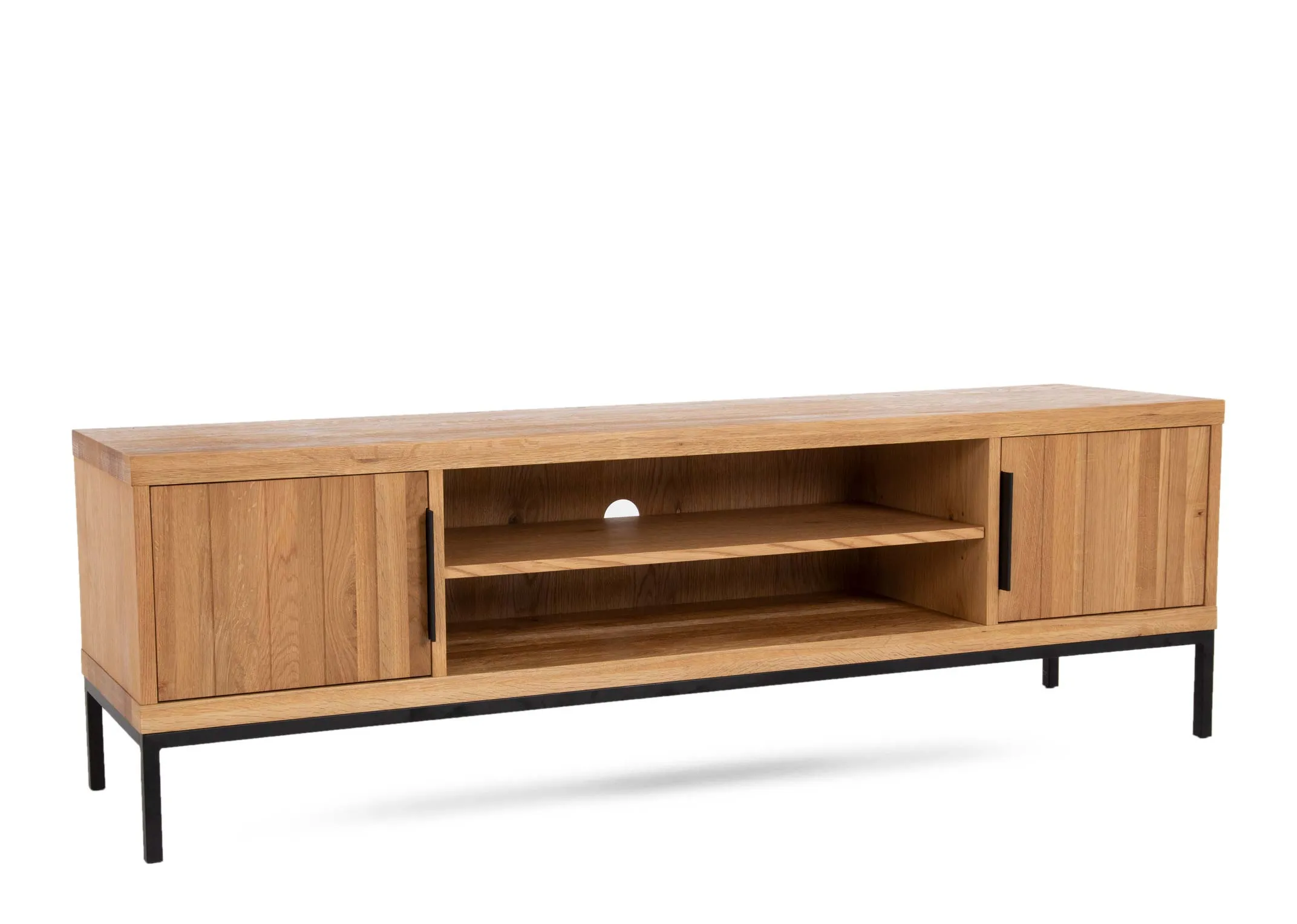 A 2 door 2 shelf oak tv unit from EZ Livings Renvyle range. Angled view of unit with doors closed