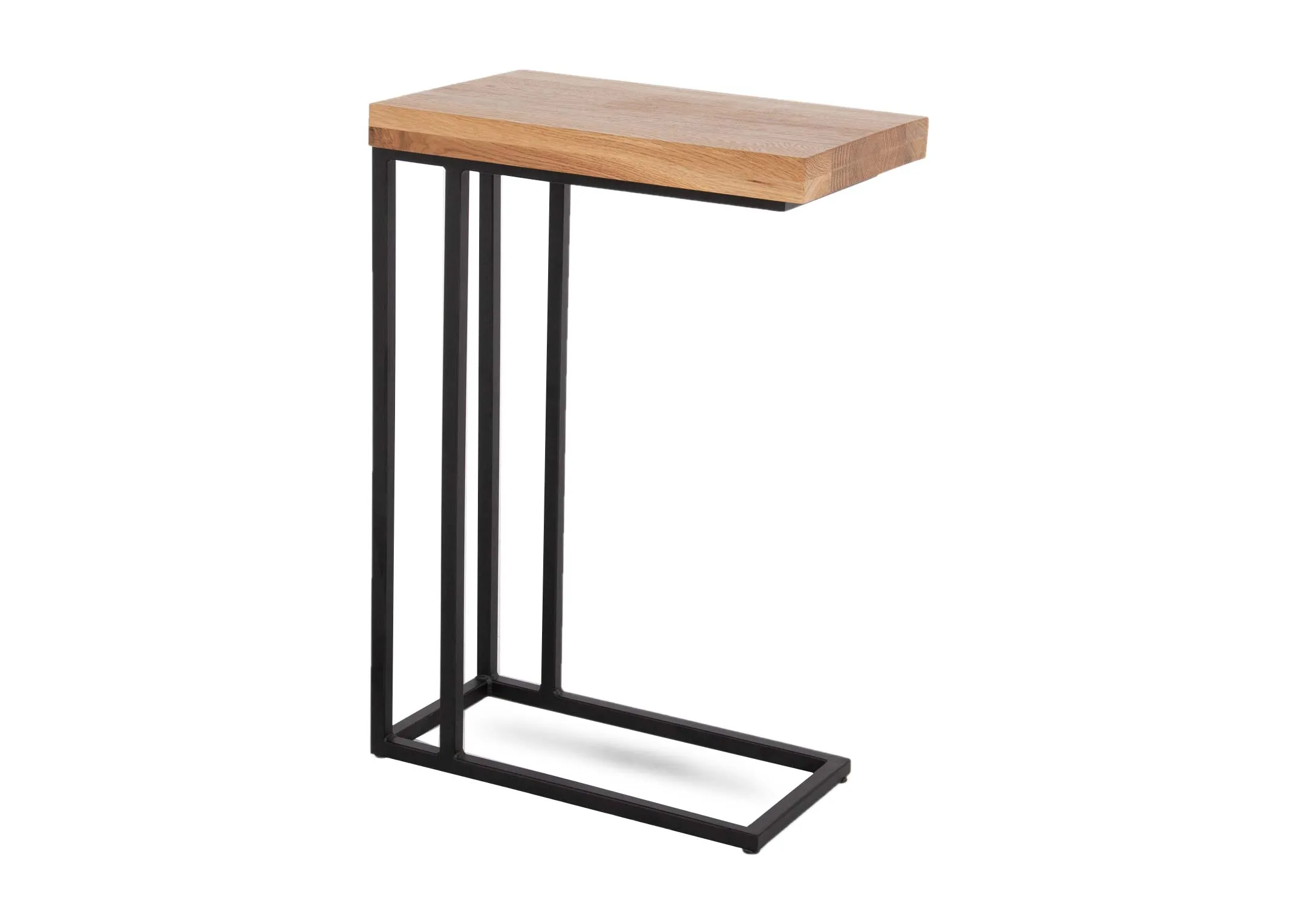 An oak top side table from EZ Living Furnitures Renvyle range. Angled view of metal frame