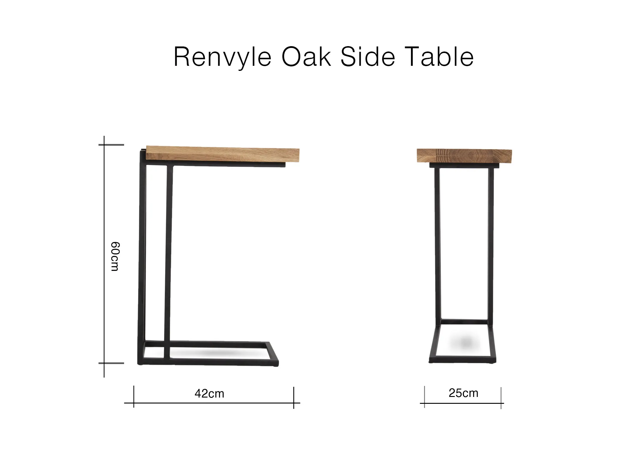 A dimension image of the Renvyle Oak Side table with 42cm x 25cm x 60cm