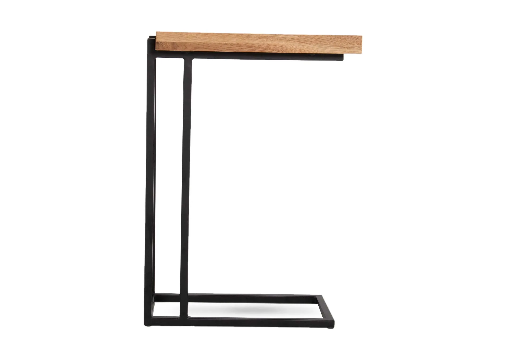 An oak top side table from EZ Living Furnitures Renvyle range. Side view of c shaped frame