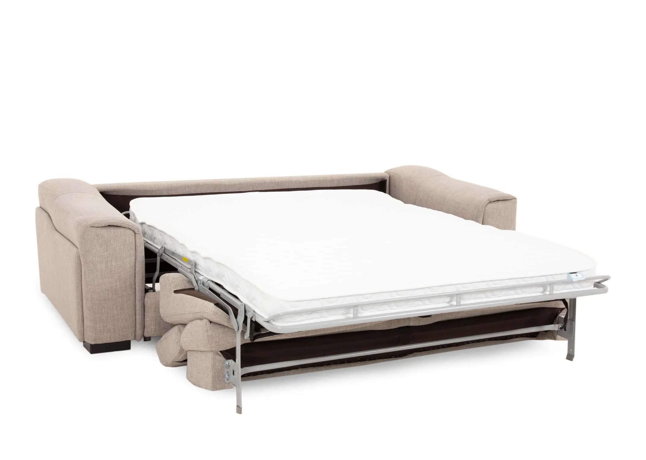 A lifestyle image of the Murano sofabed with side compartment open with glass holder books storage and phone charging.