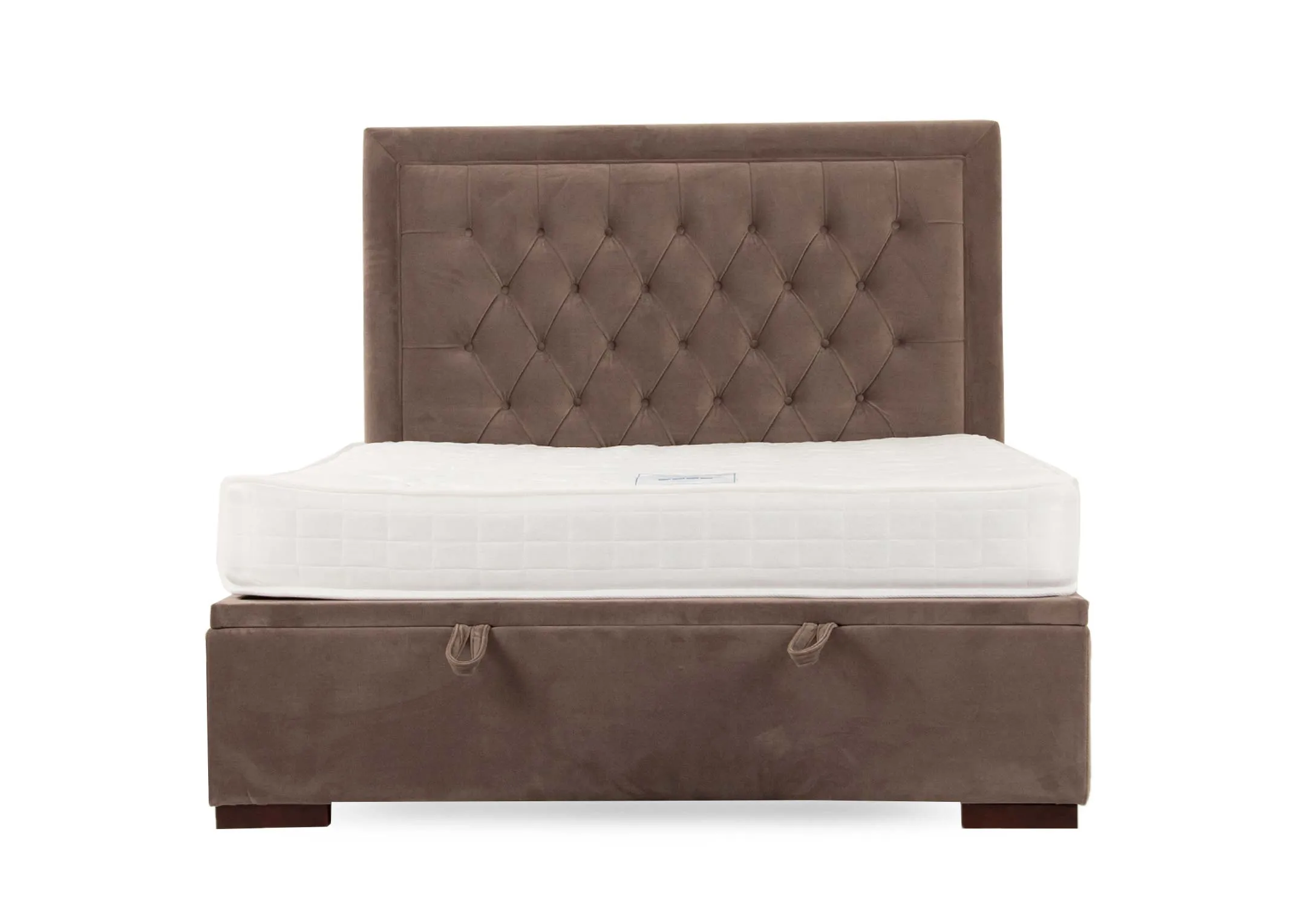 A taupe velvet ottoman bed with tufted high headboard from EZ Livings Majestic range.