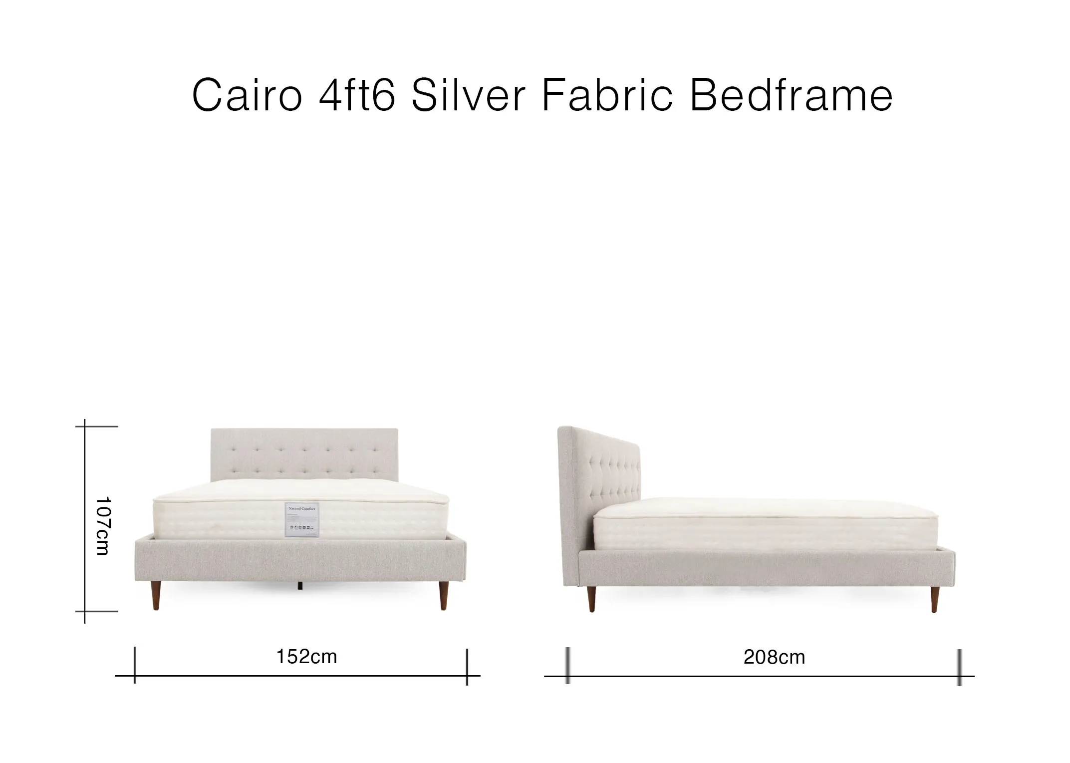 A dimension image of the Cairo 4ft6 Bedframe with 152cm x 208cm x 107cm