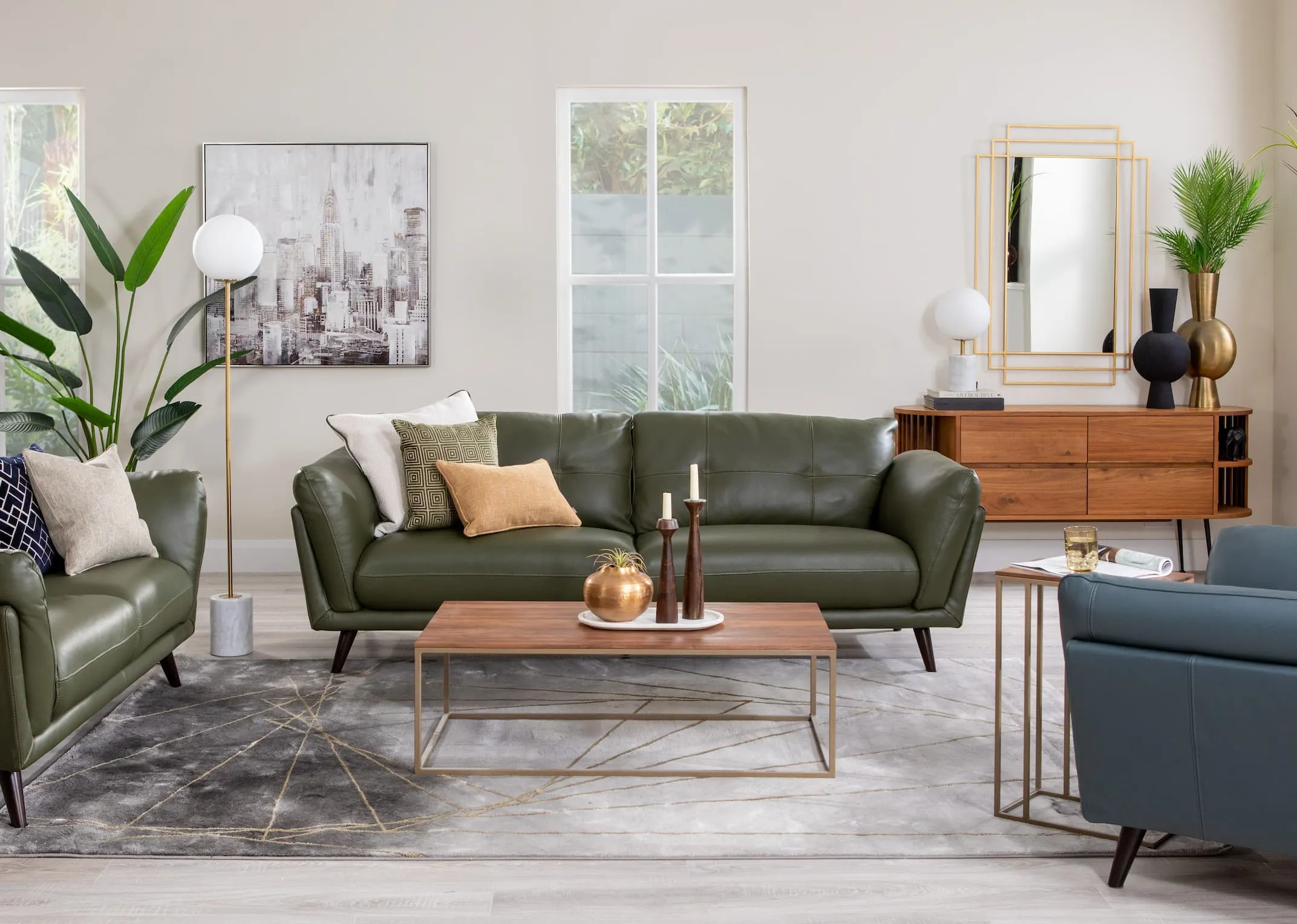 4 Seater Green Leather Sofa - Toscana