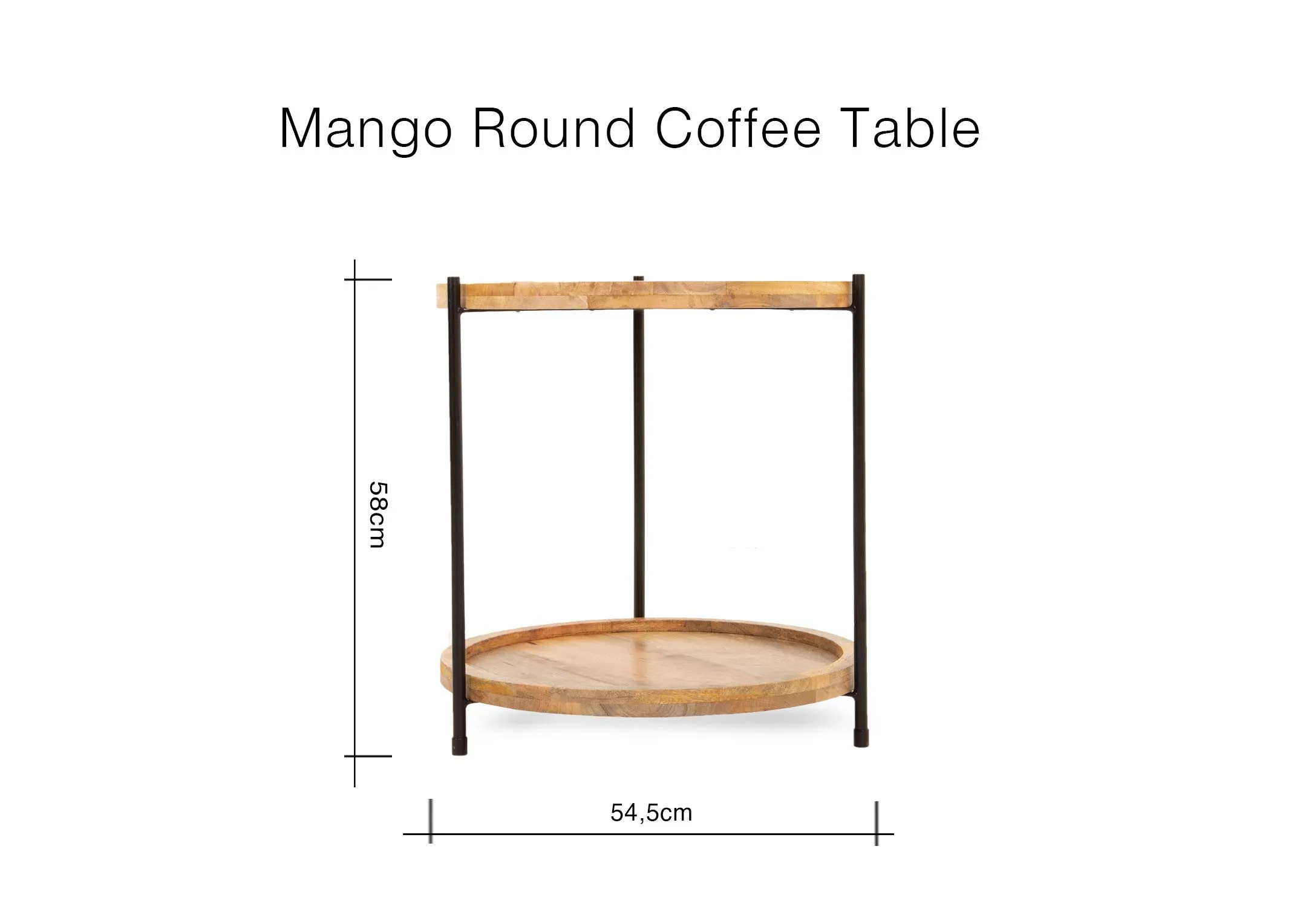 A dimension image of the Mango Round coffee table with 54.5cm x 58cm