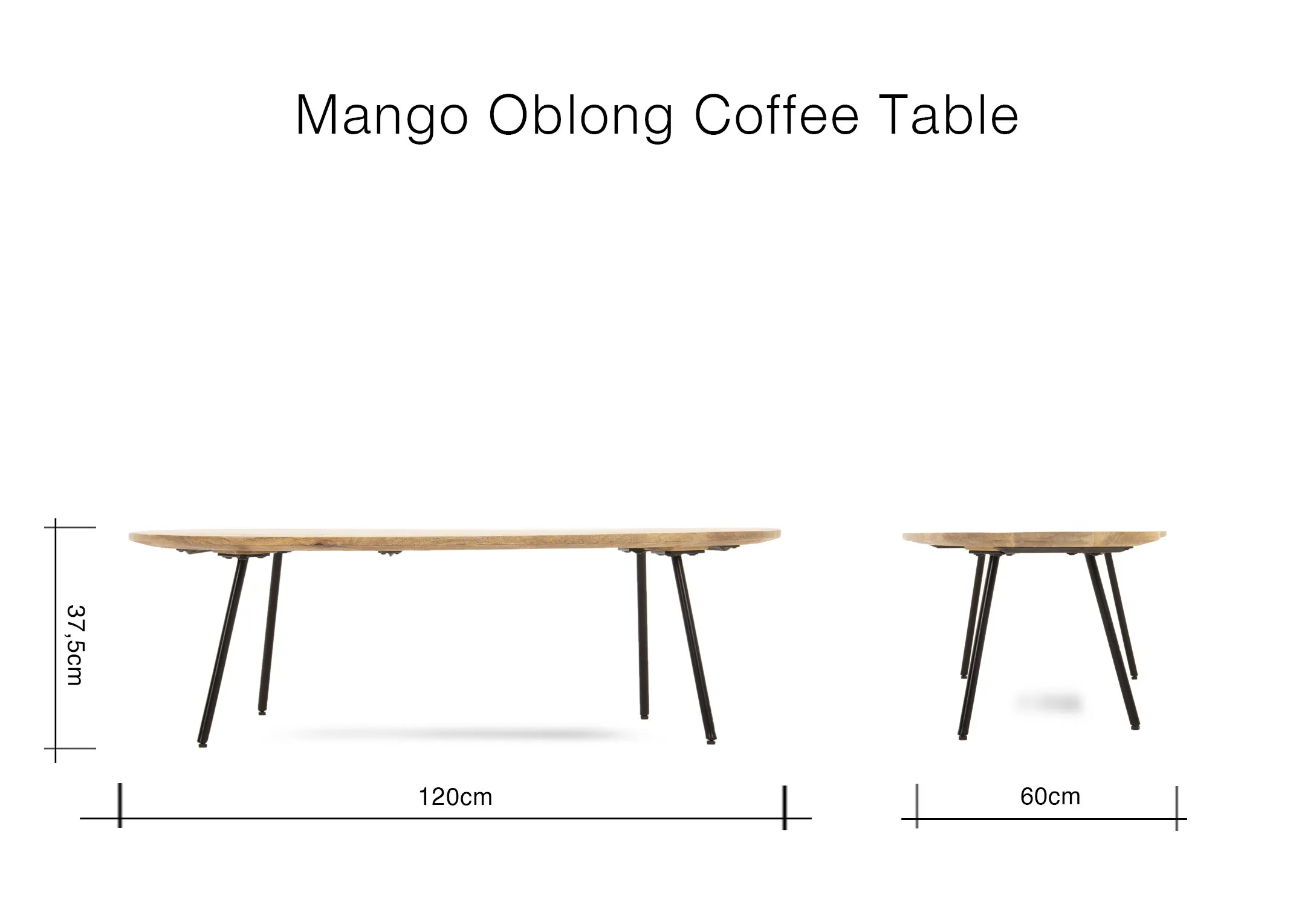 A dimension image of the Mango Oblong Coffee Table with 120cm x 60cm x 37.5cm