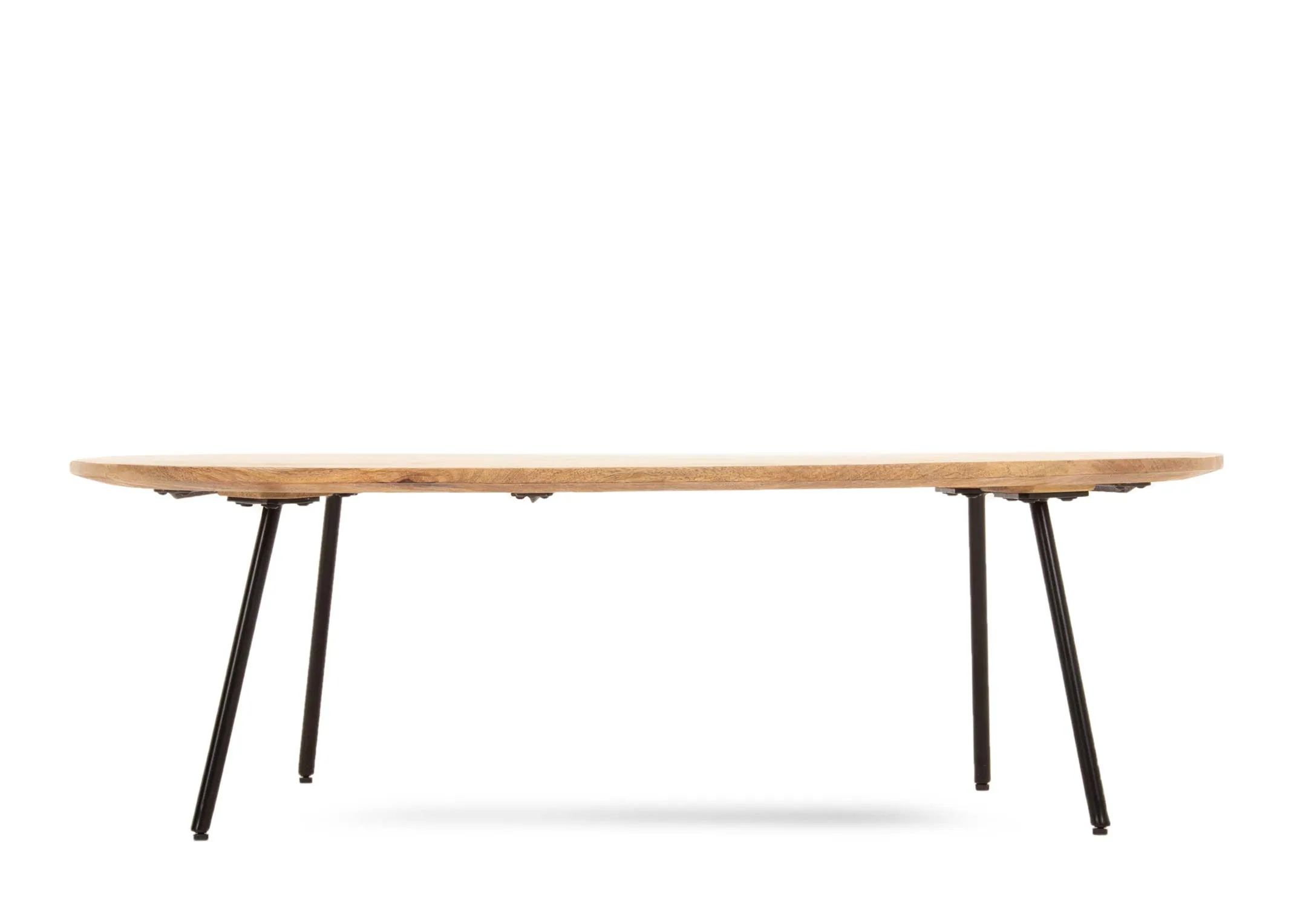 A mango wood oblong coffee table with metal legs from EZ Livings Mango range. Front view