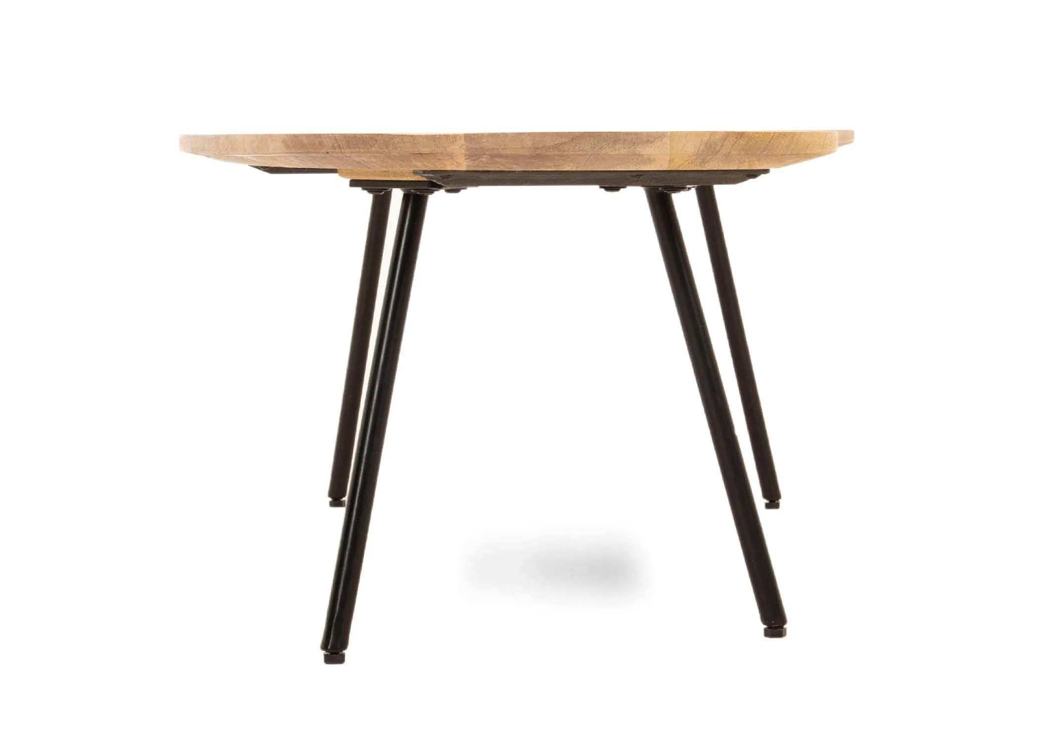 A mango wood oblong coffee table with metal legs from EZ Livings Mango range. Side view