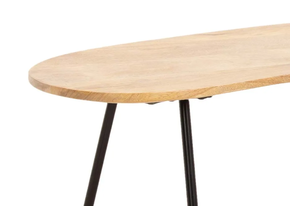 A mango wood oblong coffee table with metal legs from EZ Livings Mango range. Closeup of metal legs