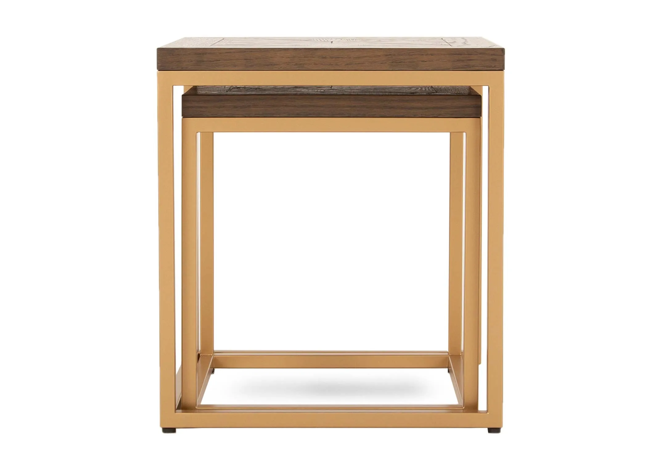 A set of 2 gold metal framed nests with dark wood top from EZ Livings Greenwich range. Front view of 2 tables stacked