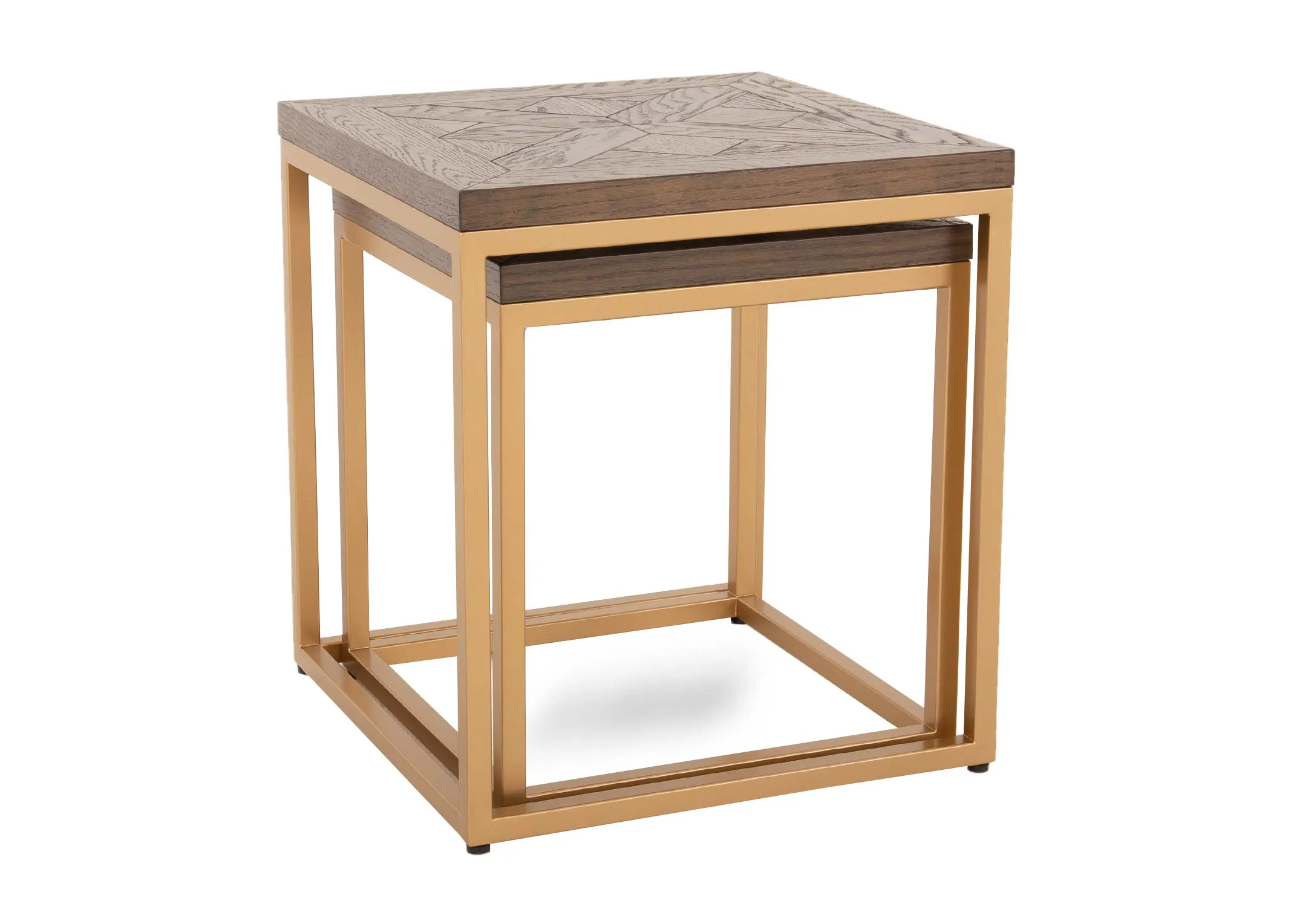 A set of 2 gold metal framed nests with dark wood top from EZ Livings Greenwich range. Angled view of smaller table tucked inside larger one.
