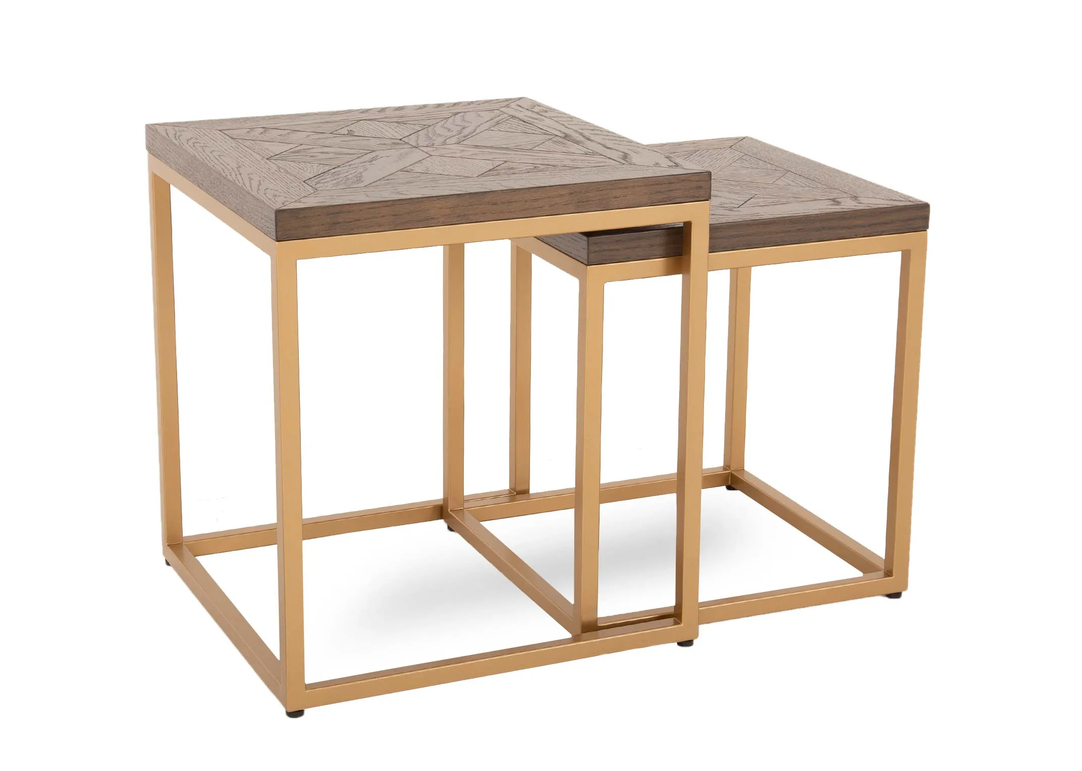 A set of 2 gold metal framed nests with dark wood top from EZ Livings Greenwich range.Angled view of 2 tables large and small with detailed dark wood tops