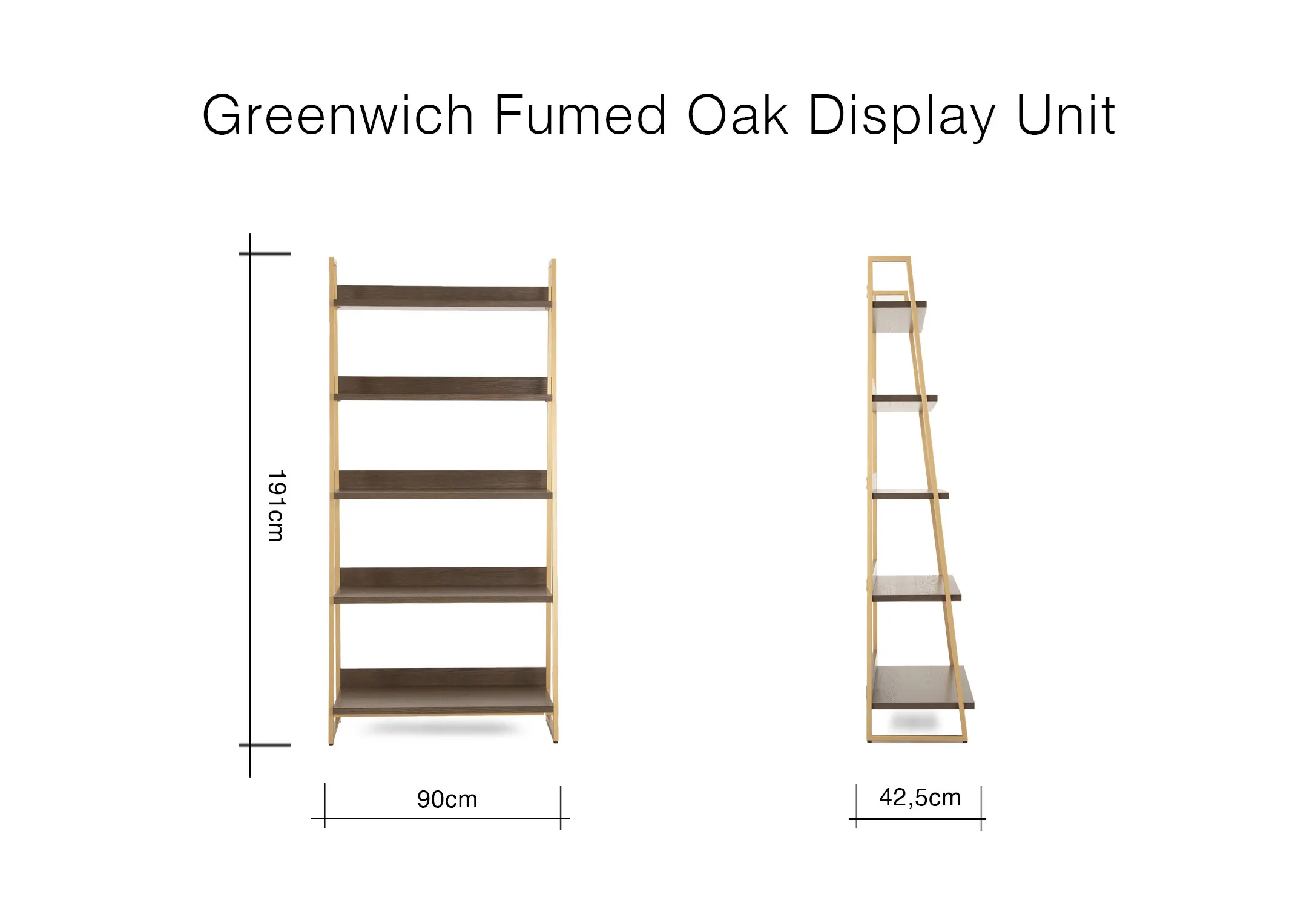 A dimension image of the Greenwich Oak Display Unit with 90cm x 42.5cm x 191cm