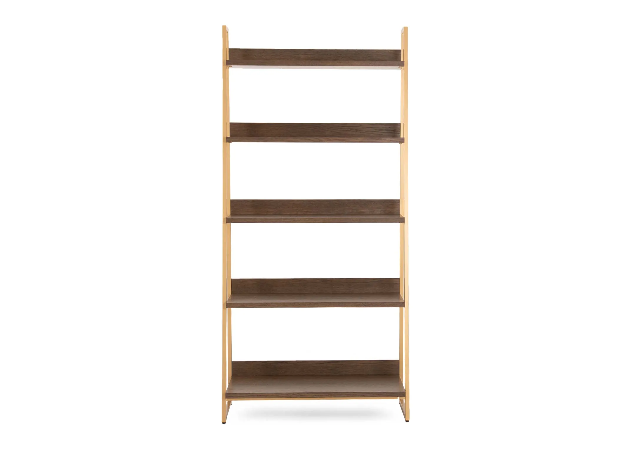 A gold framed display unit with 5 dark oak shelves with open back from EZ Livings Greenwich range. Front view of wood shelves