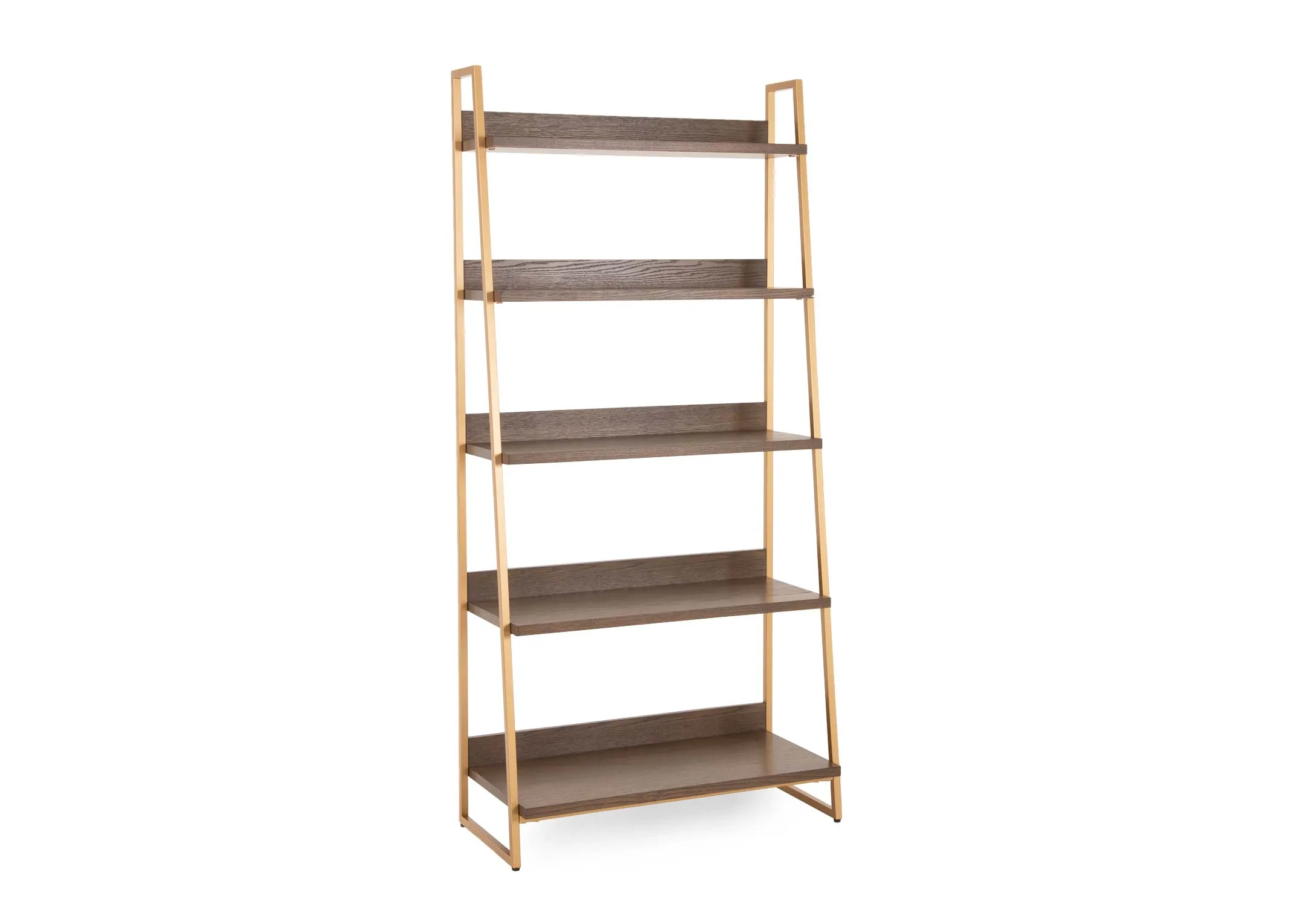 A gold framed display unit with 5 dark oak shelves with open back from EZ Livings Greenwich range. Angled view.