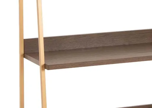 A gold framed display unit with 5 dark oak shelves with open back from EZ Livings Greenwich range. Closeup of dark wood shelf & gold metal frame