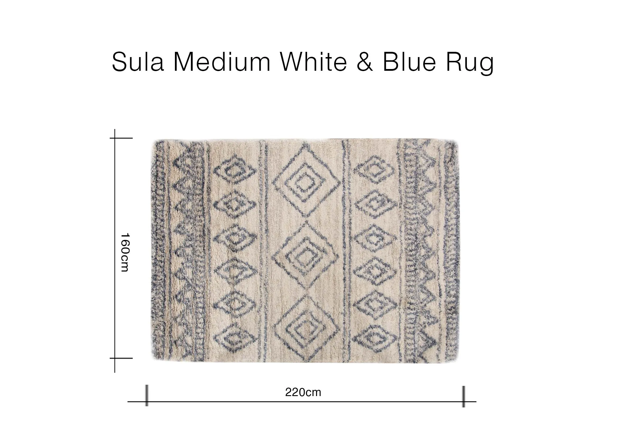 A dimension image of the Sula Medium White aztec rug with 220cm x 160cm