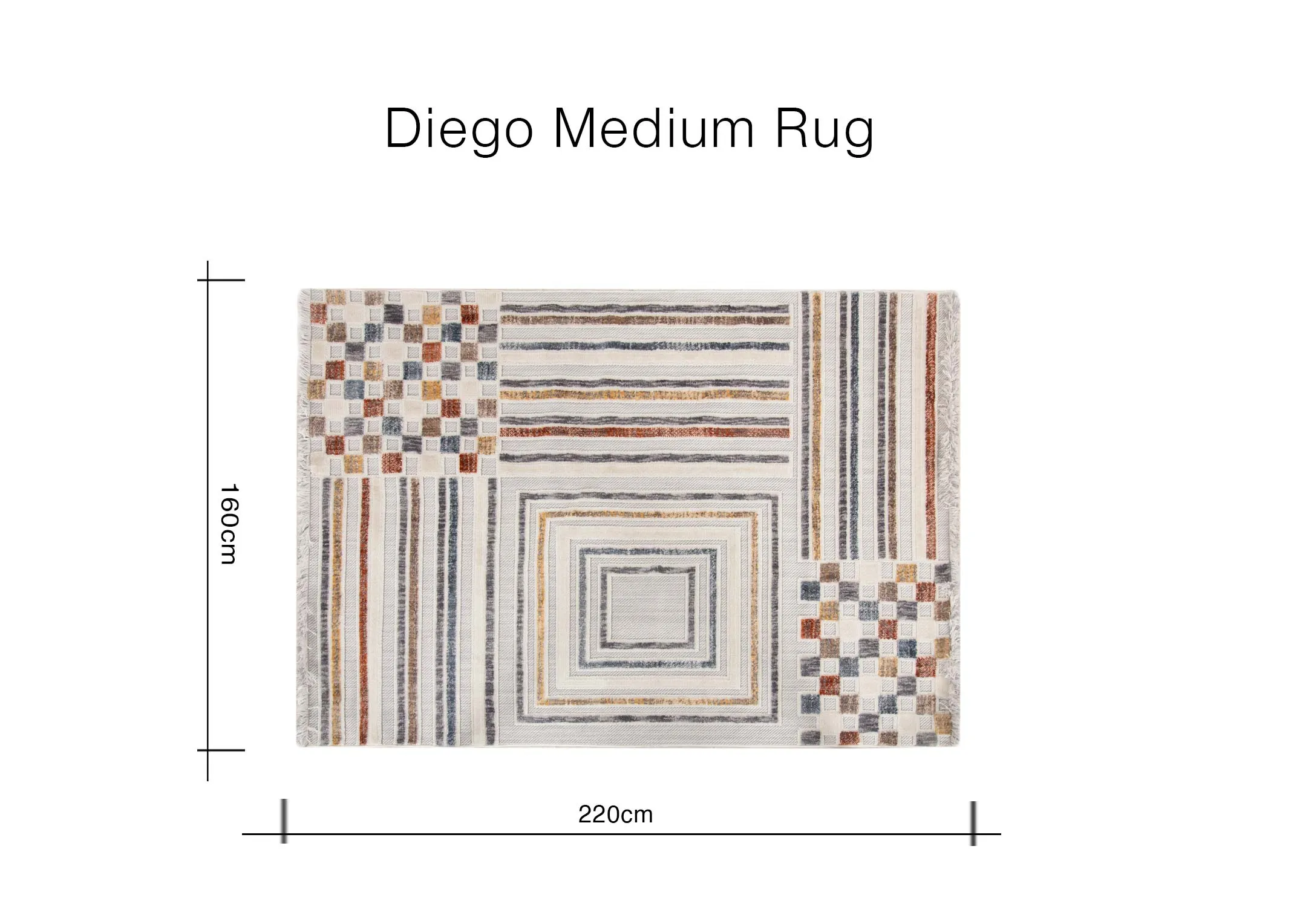 A dimension image of the Diego Medium rug with 220cm x 160cm