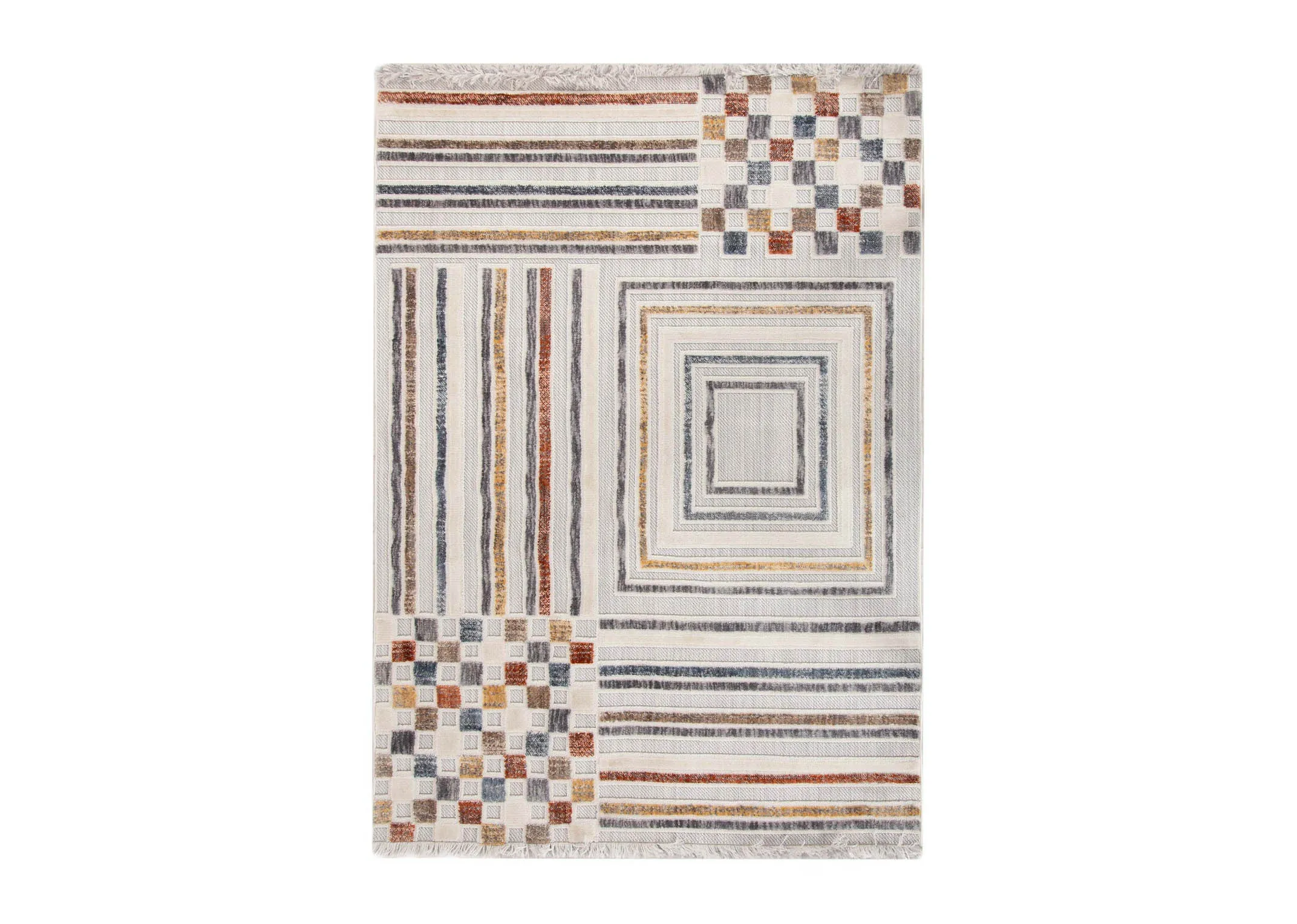 A white bohemain rug with rust