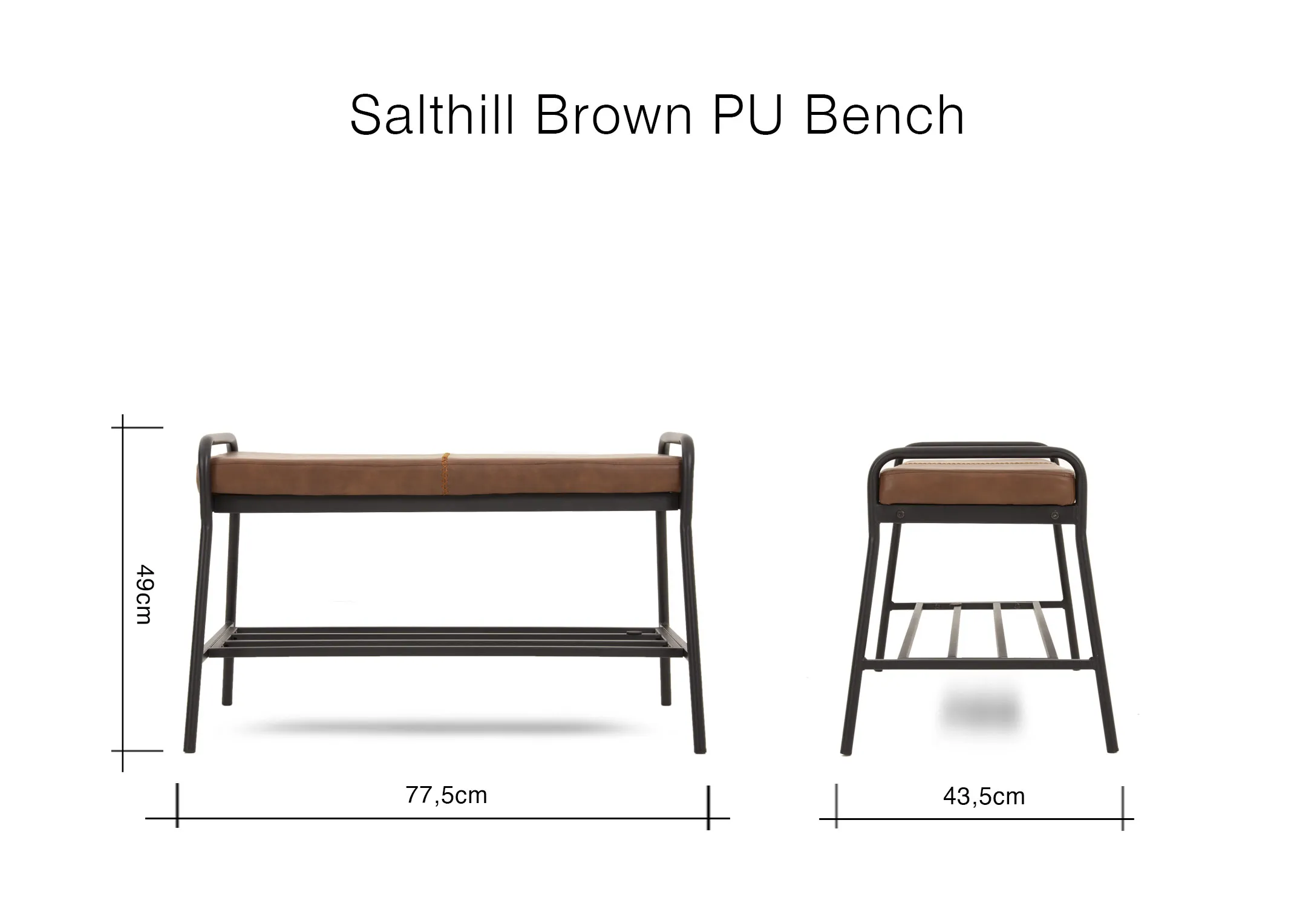 A dimension image of the Salthill Brown Bench with 77.5cm x 43.5cm x 49cm
