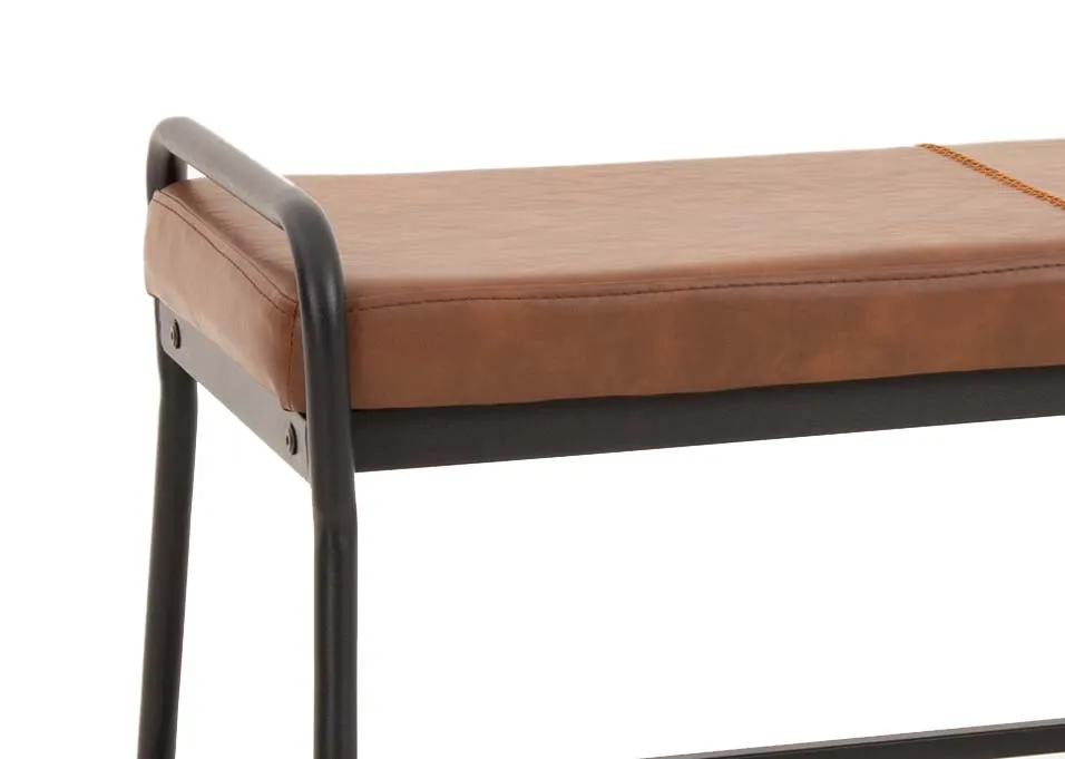 A brown faux leather bench seat with metal shelf and handled frame from EZ Livings Salthill range. Closeup of metal handle to seat side.