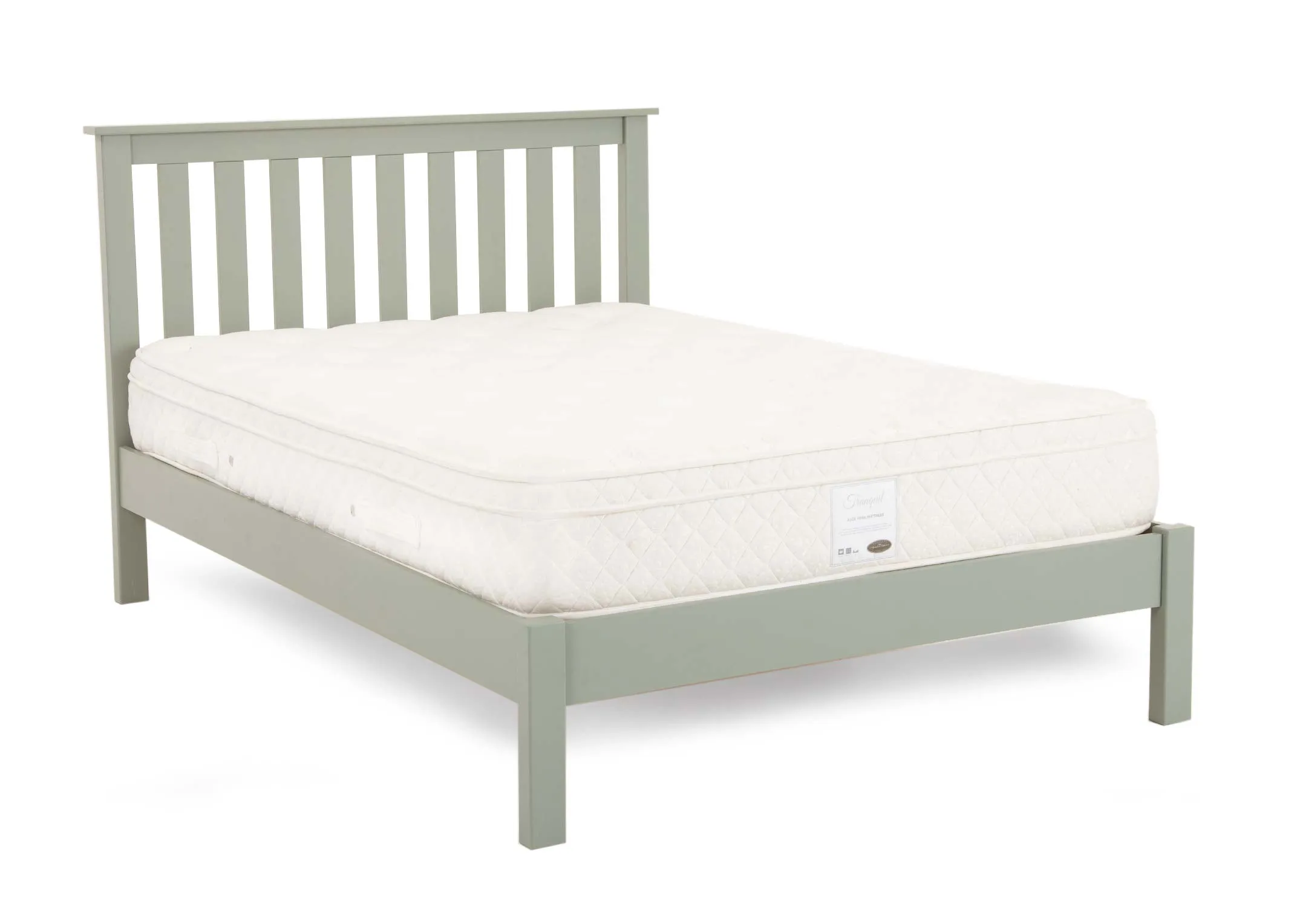 A light green pine wood 3ft single bed frame from EZ Living Furnitures Atlas range. Angled view of high slatted headboard.