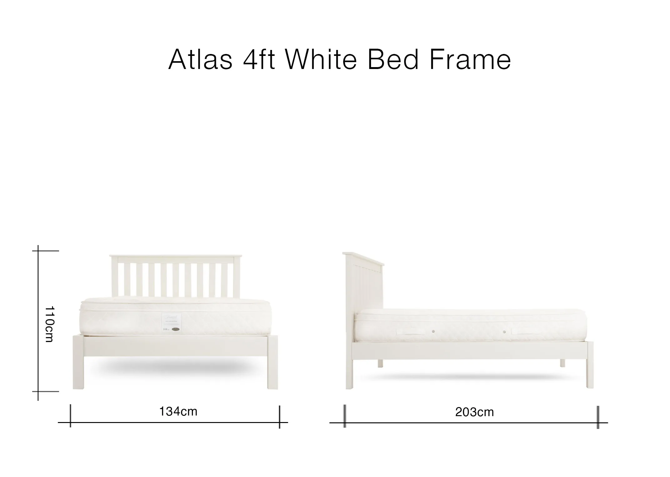 A dimension image of the Atlas 4ft Bed with 134cm (width) x  203cm (Length) x 110cm (height)