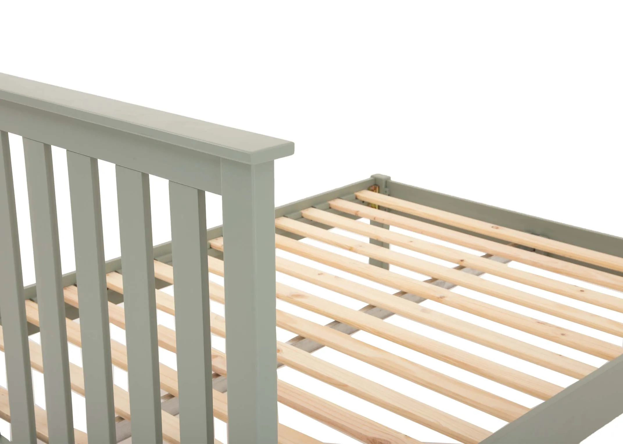 A light green 4ft6 bedframe from EZ Livings Atlas range. Back view of slat wood base