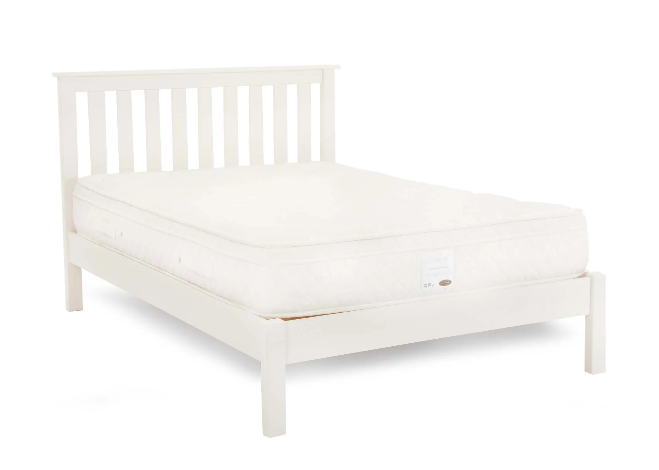 A white pine wood 4ft6 bedframe from EZ Living Furnitures Atlas range. Angled view of slatted headboard & mattress not included