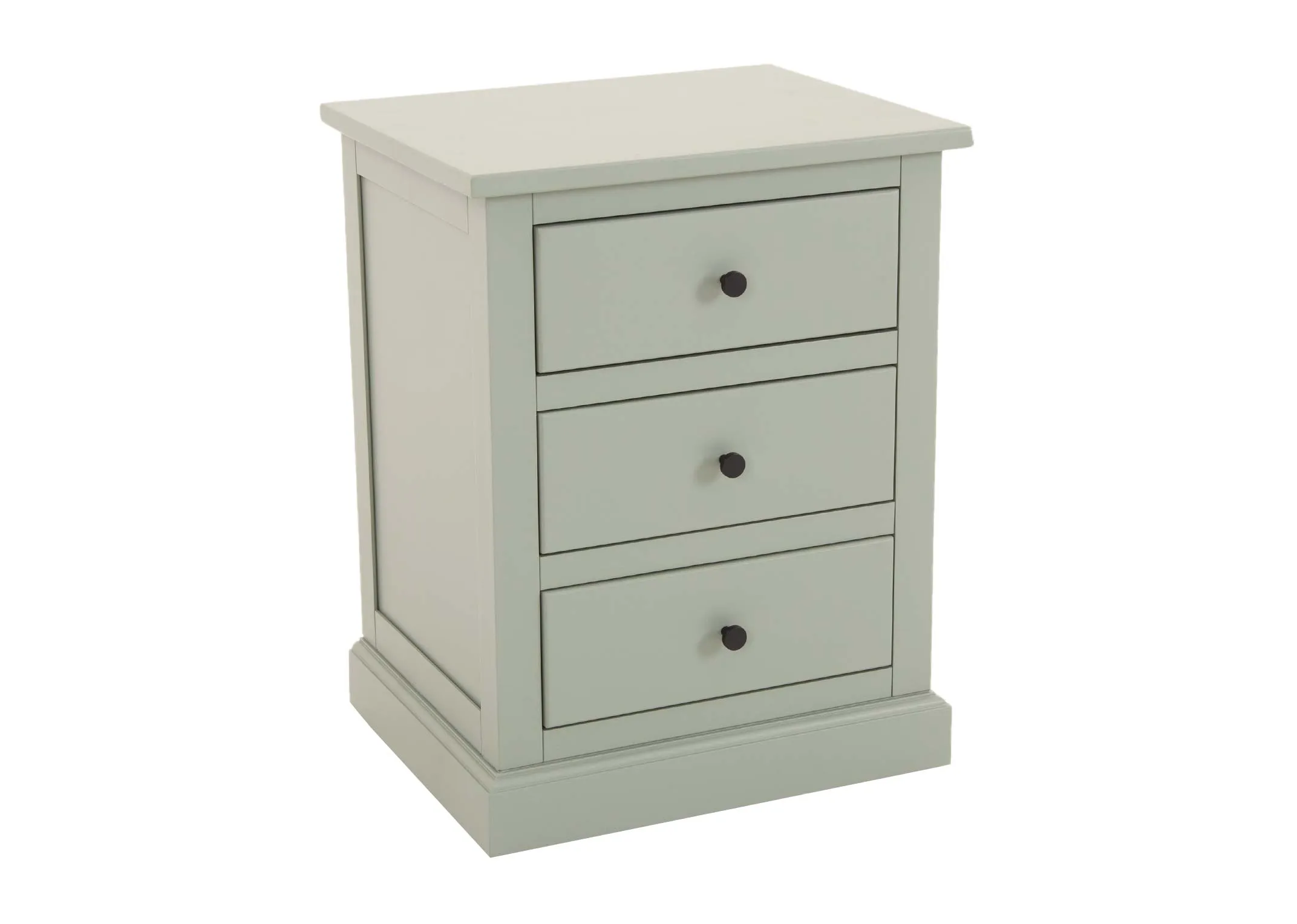 A light green pinewood 3 drawer locker from EZ Living Furnitures Atlas range. Angled view of dark wood handles