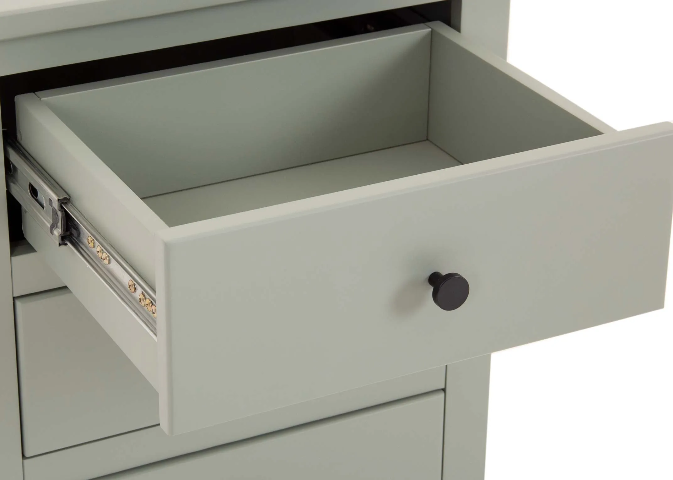 A light green pinewood 3 drawer locker from EZ Living Furnitures Atlas range. Closeup of top drawer open showing storage