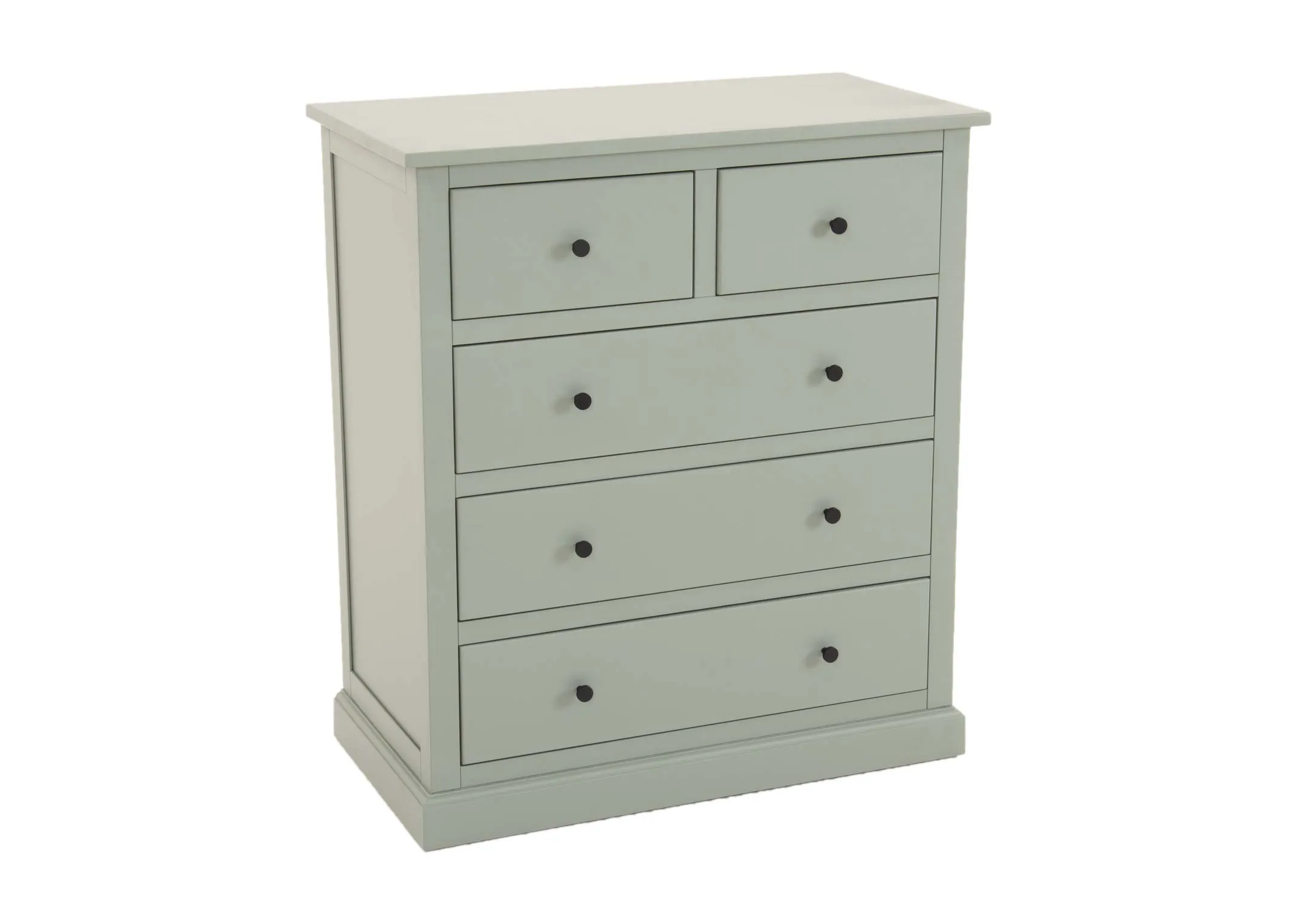 A green pine wood chest with 5 drawers from EZ Living Furnitures Atlas range. Angled view of 2 over 3 drawers with wood handl