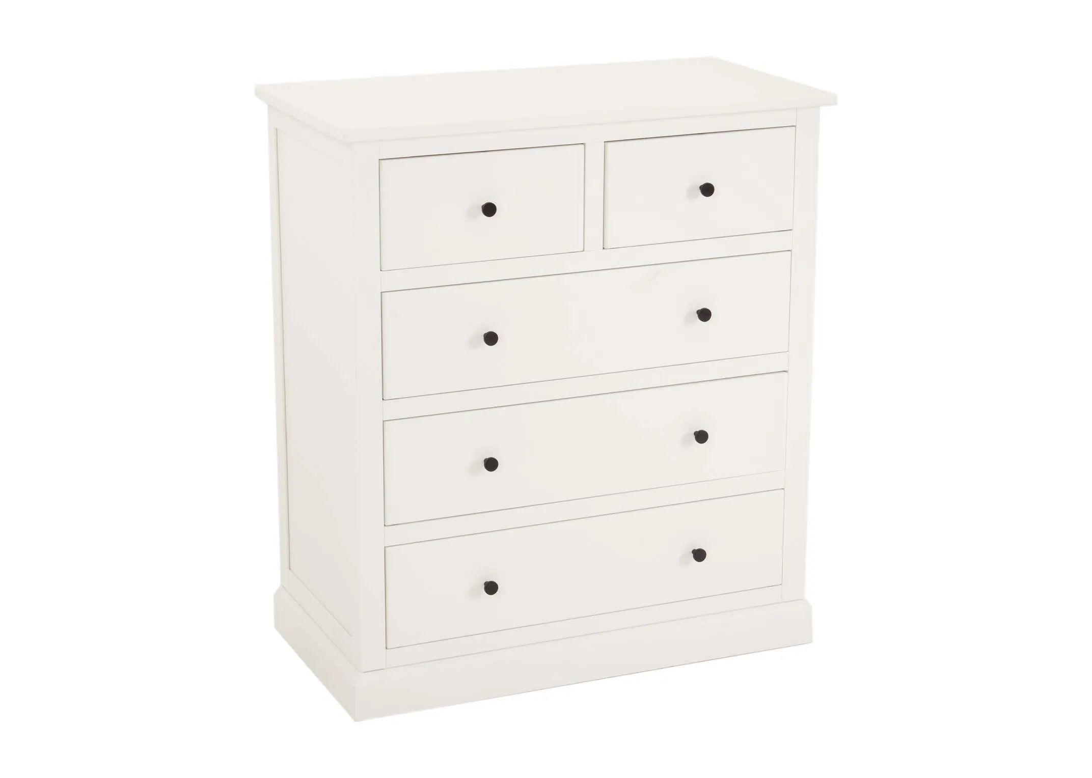 A white pine wood chest with 5 drawers from EZ Living Furniture's Atlas range. Angled view of 2 over 3 drawers with wood handl