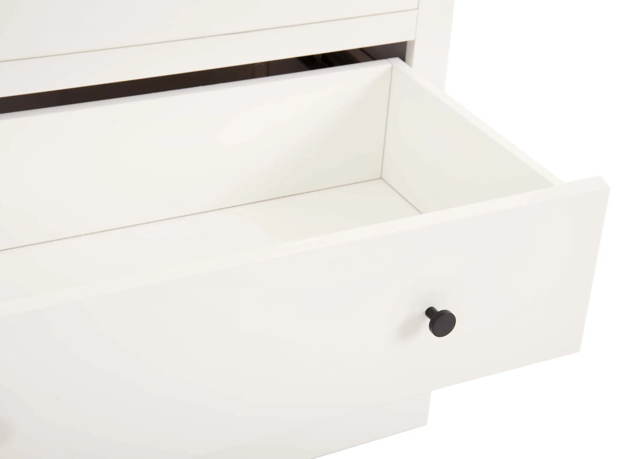 A white pine wood chest with 5 drawers from EZ Living Furniture's Atlas range. Closeup of drawer interior