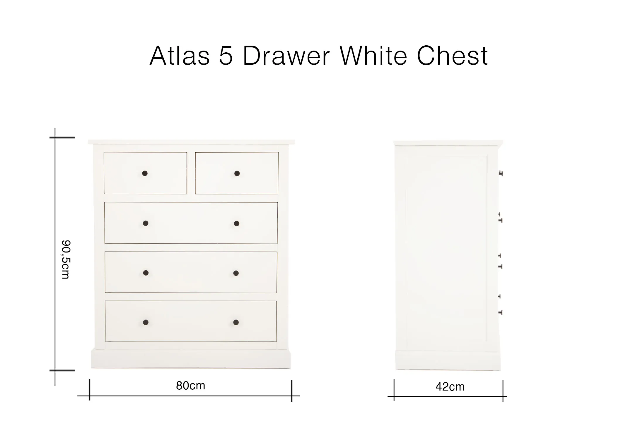 A dimension image for the Atlas Chest of Drawers with 90cm (width) x 42cm (depth) x 80cm (height)