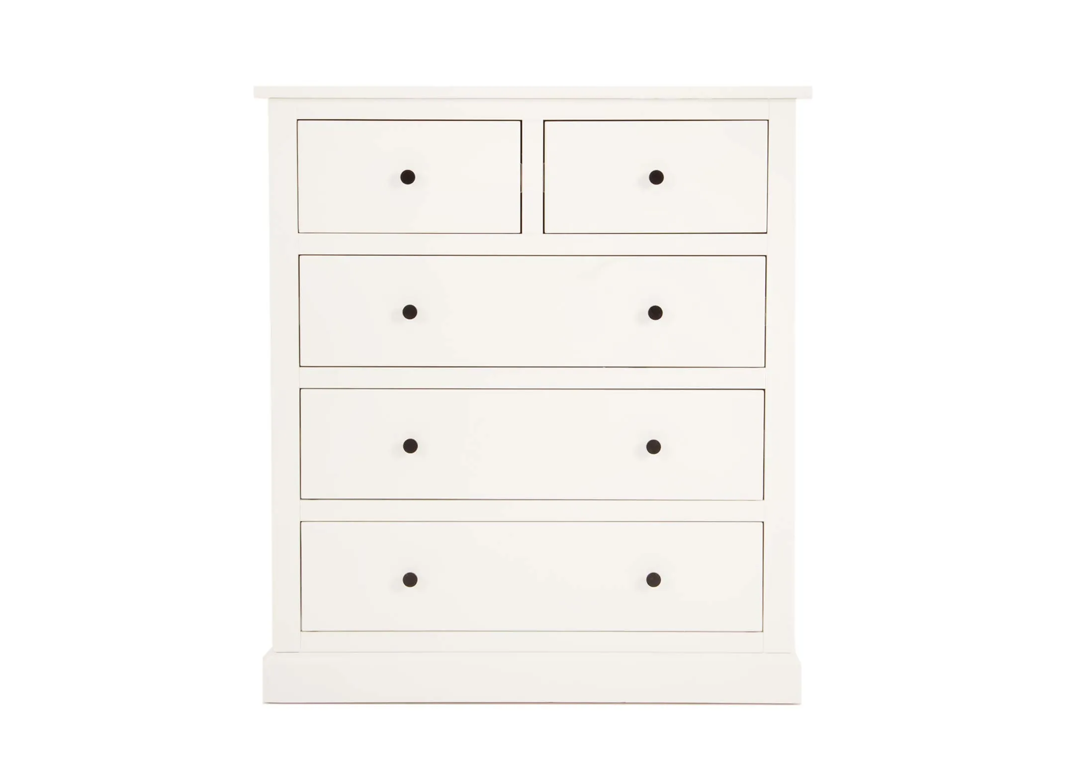 A white pine wood chest with 5 drawers from EZ Living Furniture's Atlas range. Front view of 2 small over 3 large drawers