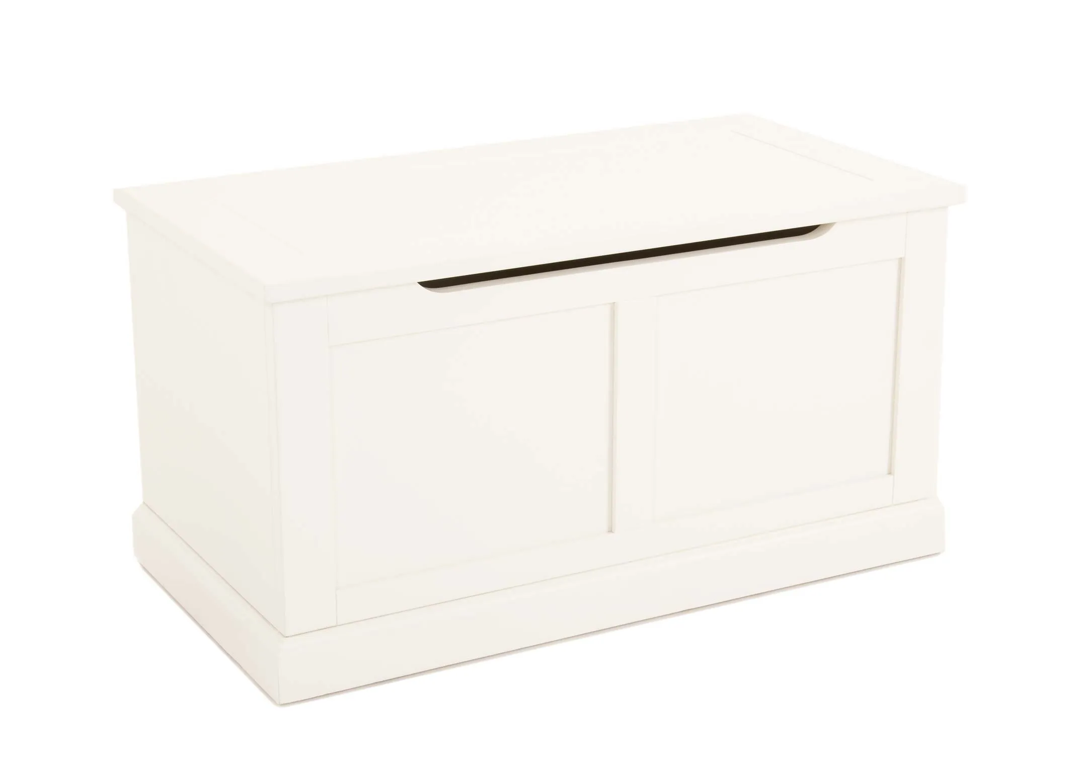 A white pine wood blanket box from EZ Living Furnitures Atlas range. Angled view of soft lid top and easy to lift gap