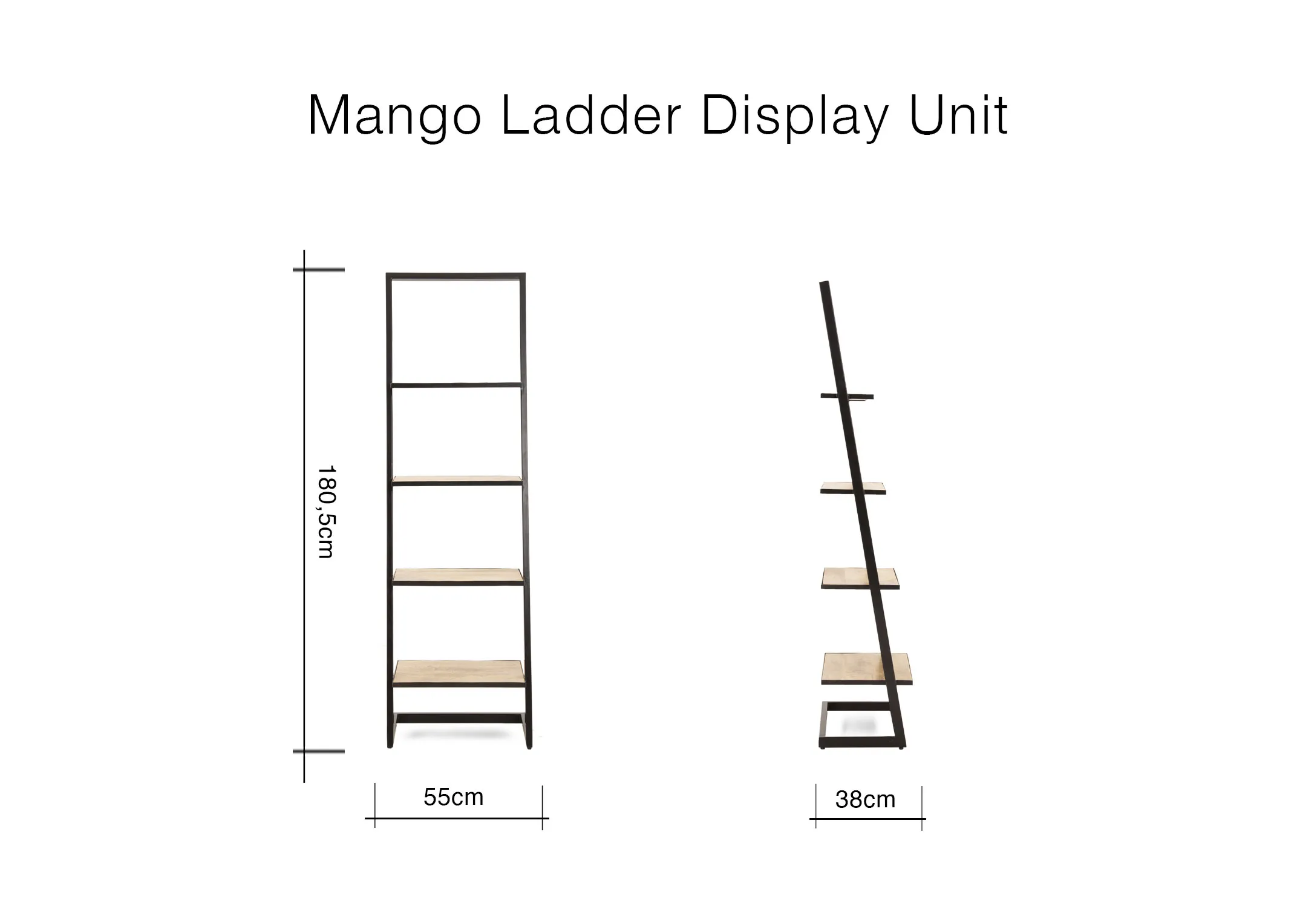 A dimension image of the Mago Ladder Display Unit with 55cm x 38cm x 180.5cm