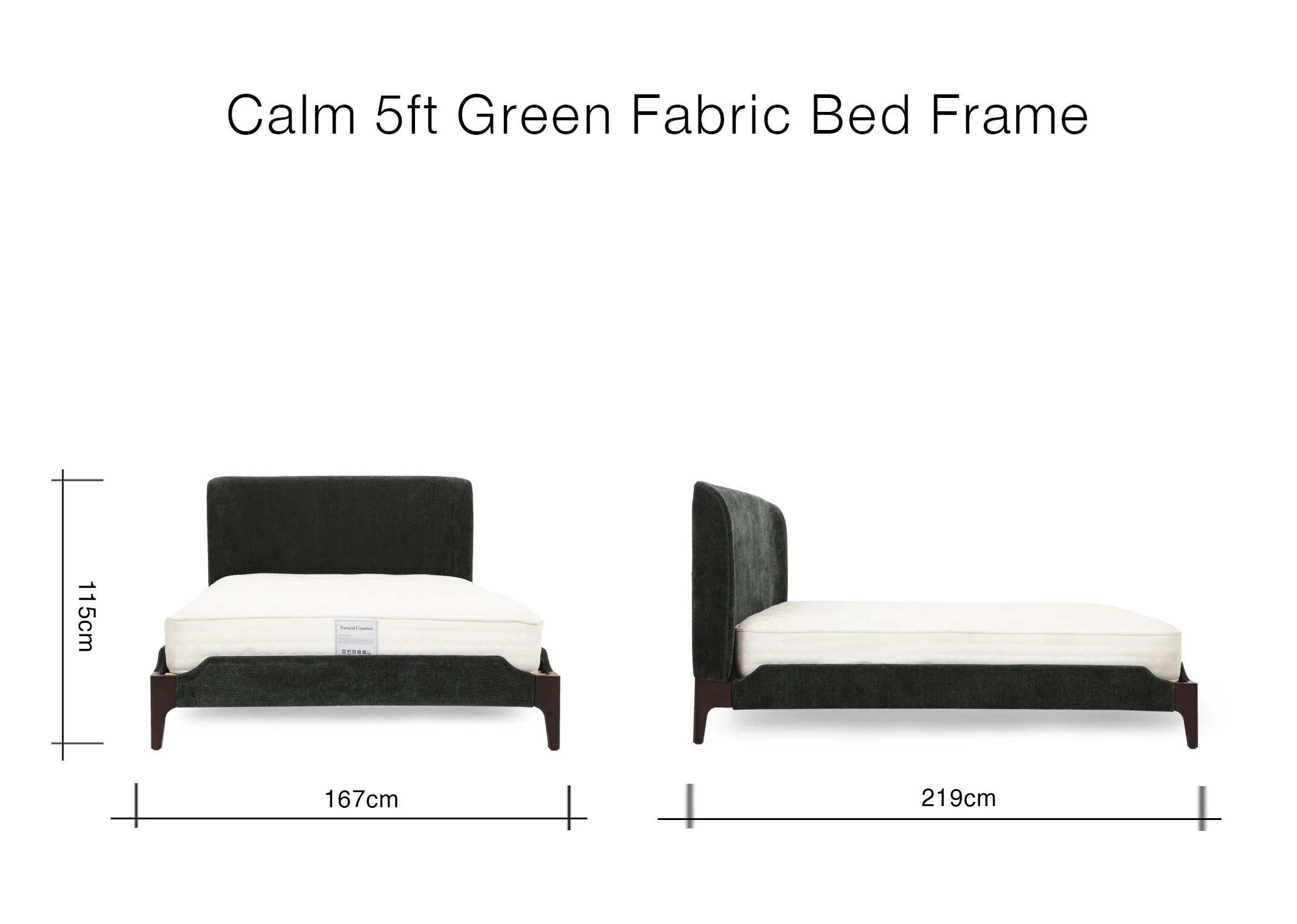 A lifestyle image of the Calm green bedframe with a selection of cushions and the chevron chest and Madrid lounge chair.